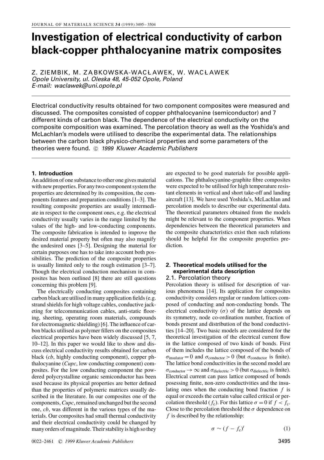 Investigation of electrical conductivity of carbon black-copper phthalocyanine matrix composites by Unknown