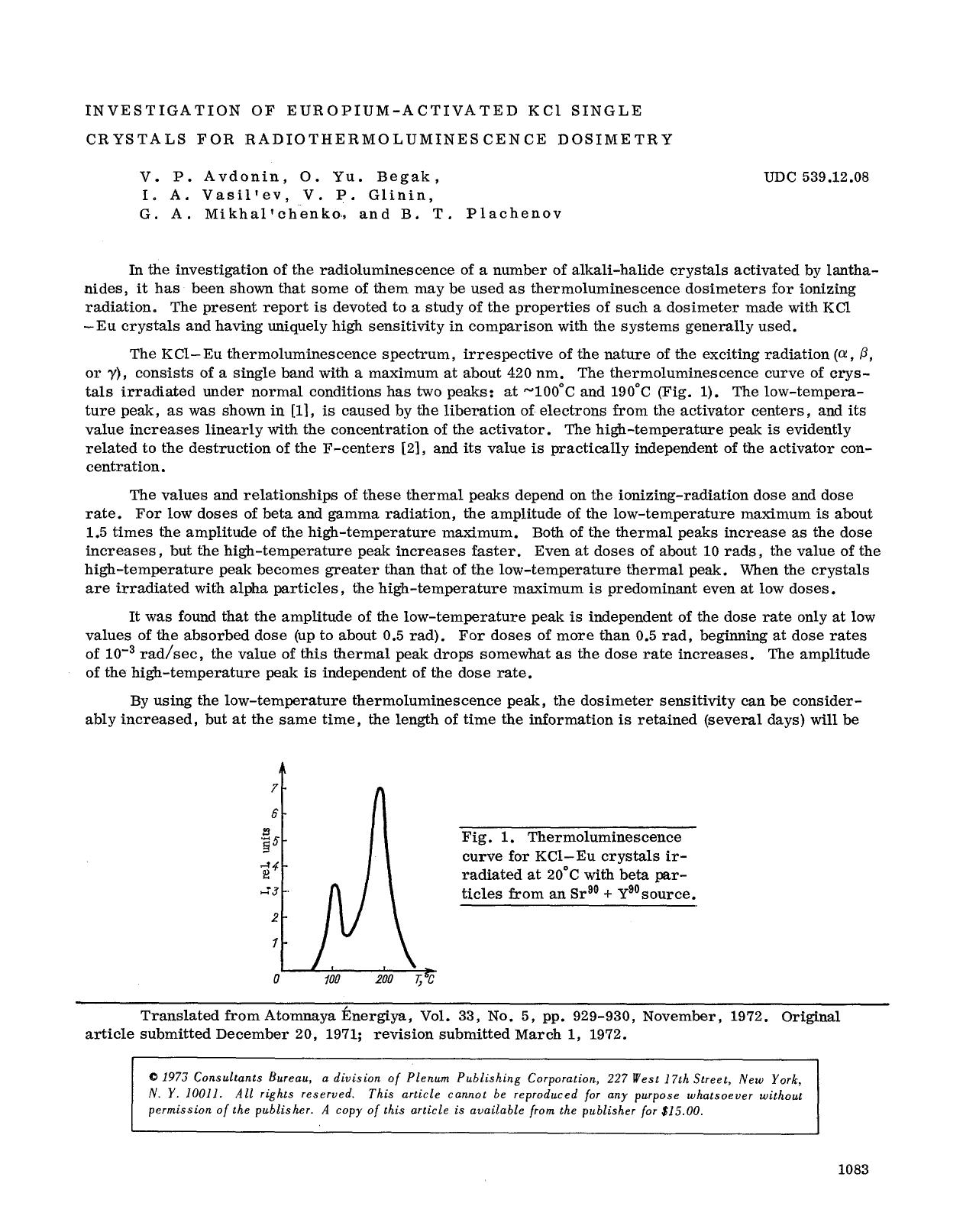 Investigation of europium-activated KCl single crystals for radiothermoluminescence dosimetry by Unknown