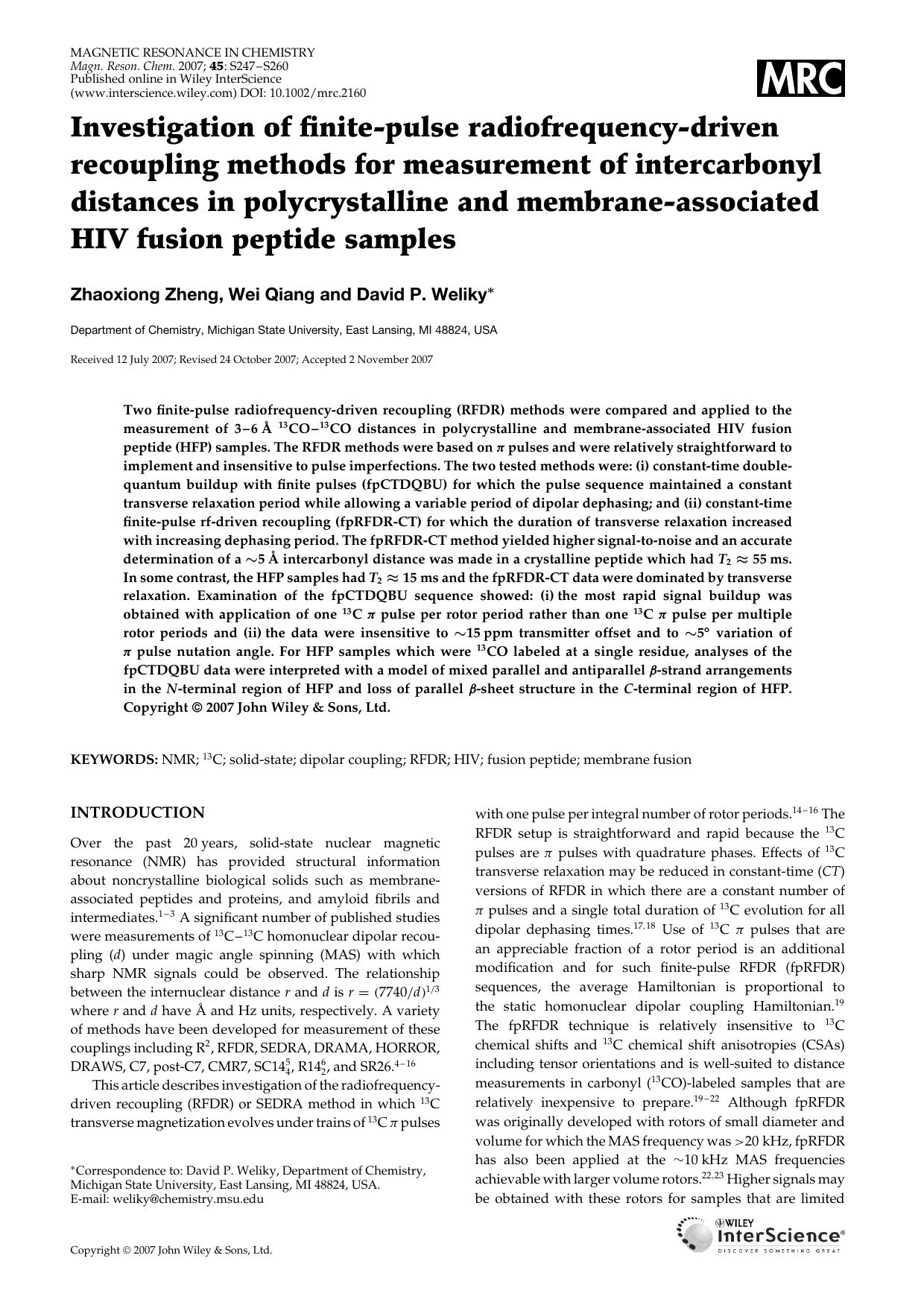 Investigation of finite-pulse radiofrequency-driven recoupling methods for measurement of intercarbonyl distances in polycrystalline and membrane-associated HIV fusion peptide samples by Unknown