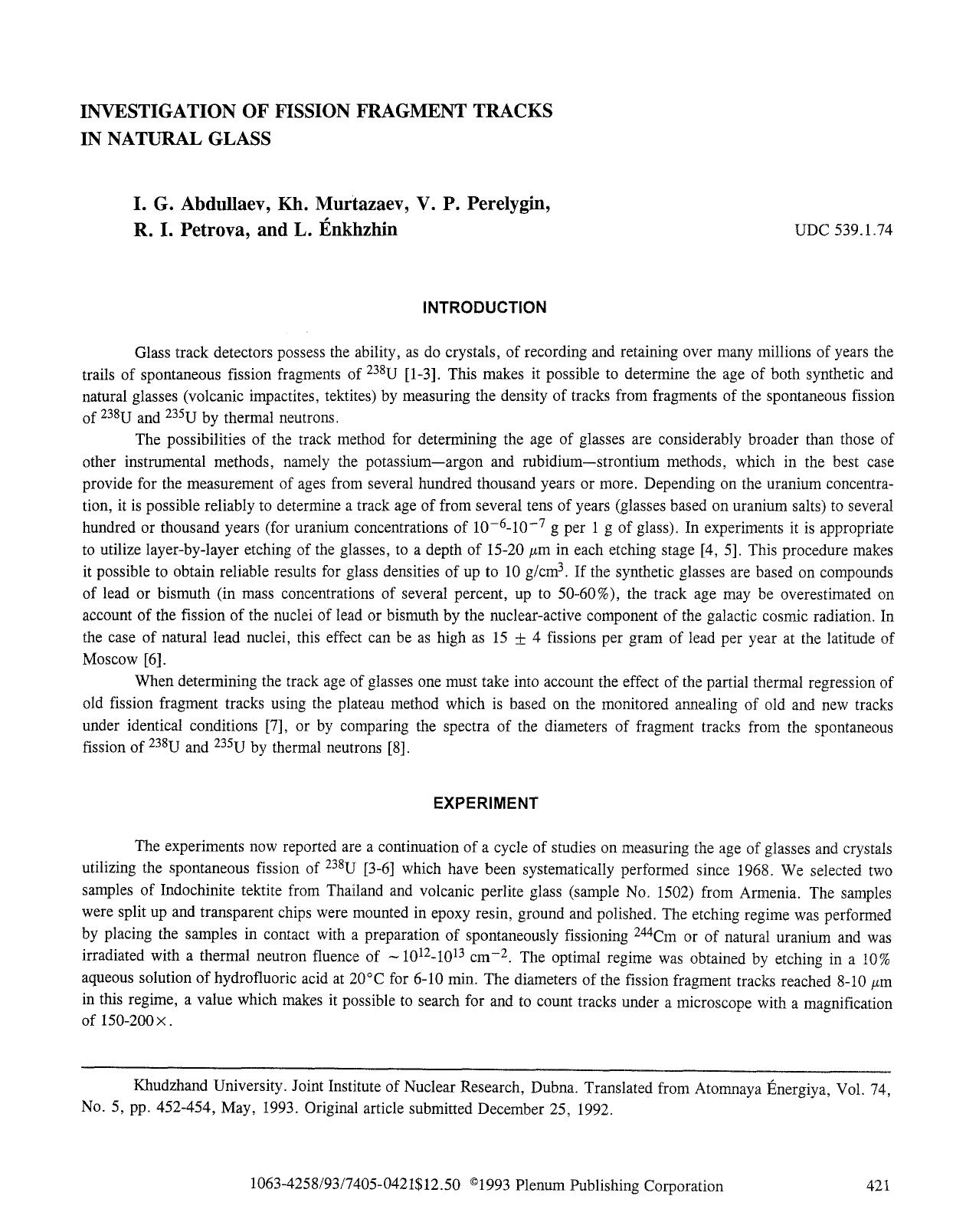 Investigation of fission fragment tracks in natural glass by Unknown