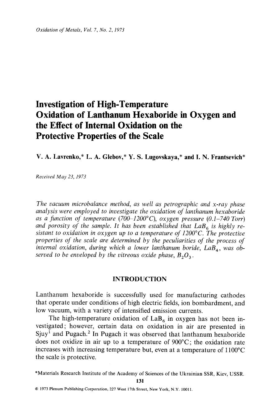 Investigation of high-temperature oxidation of lanthanum hexaboride in oxygen and the effect of internal oxidation on the protective properties of the scale by Unknown