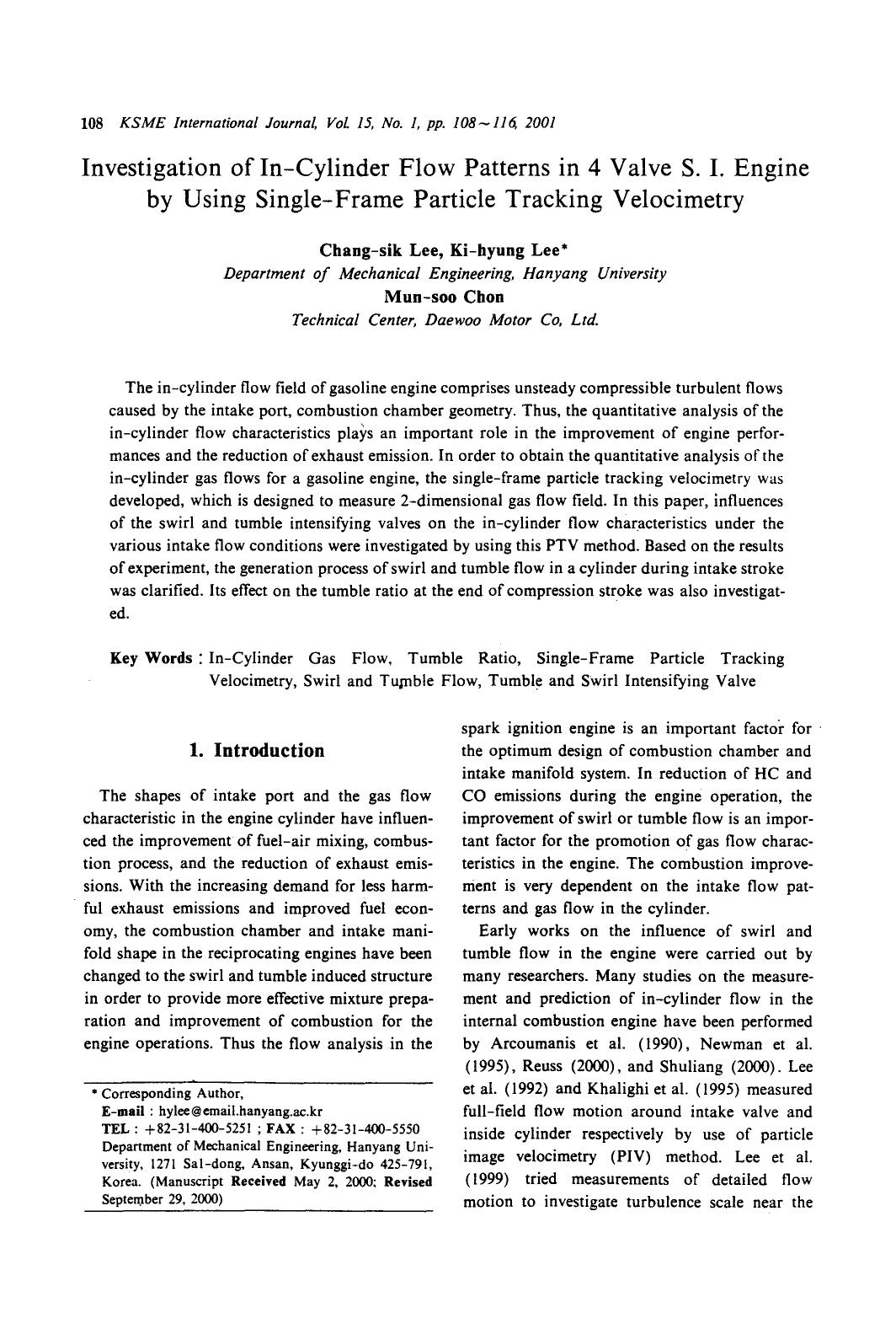 Investigation of in-cylinder flow patterns in 4 valve S. I. Engine by using single-frame particle tracking velocimetry by Unknown