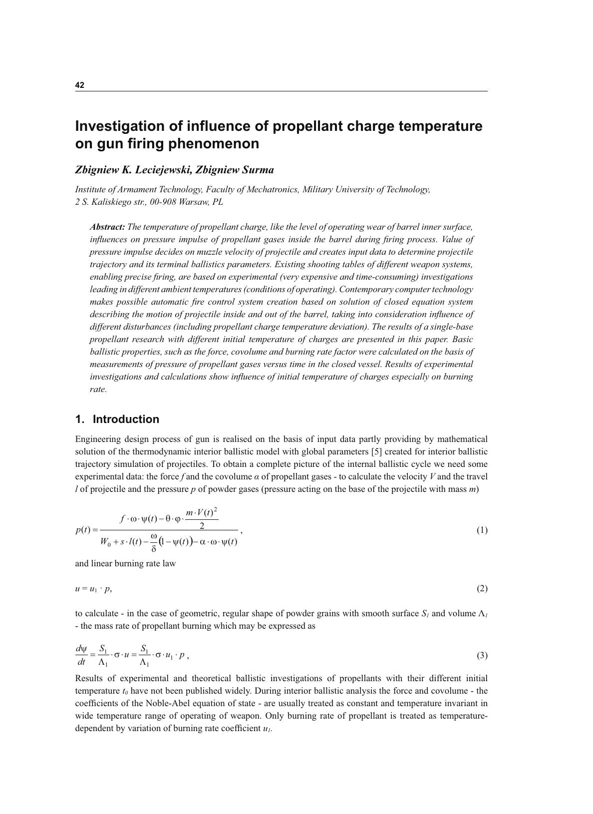 Investigation of influence of propellant charge temperature on gun firing phenomenon by Leciejewski Z.K. Surma Z