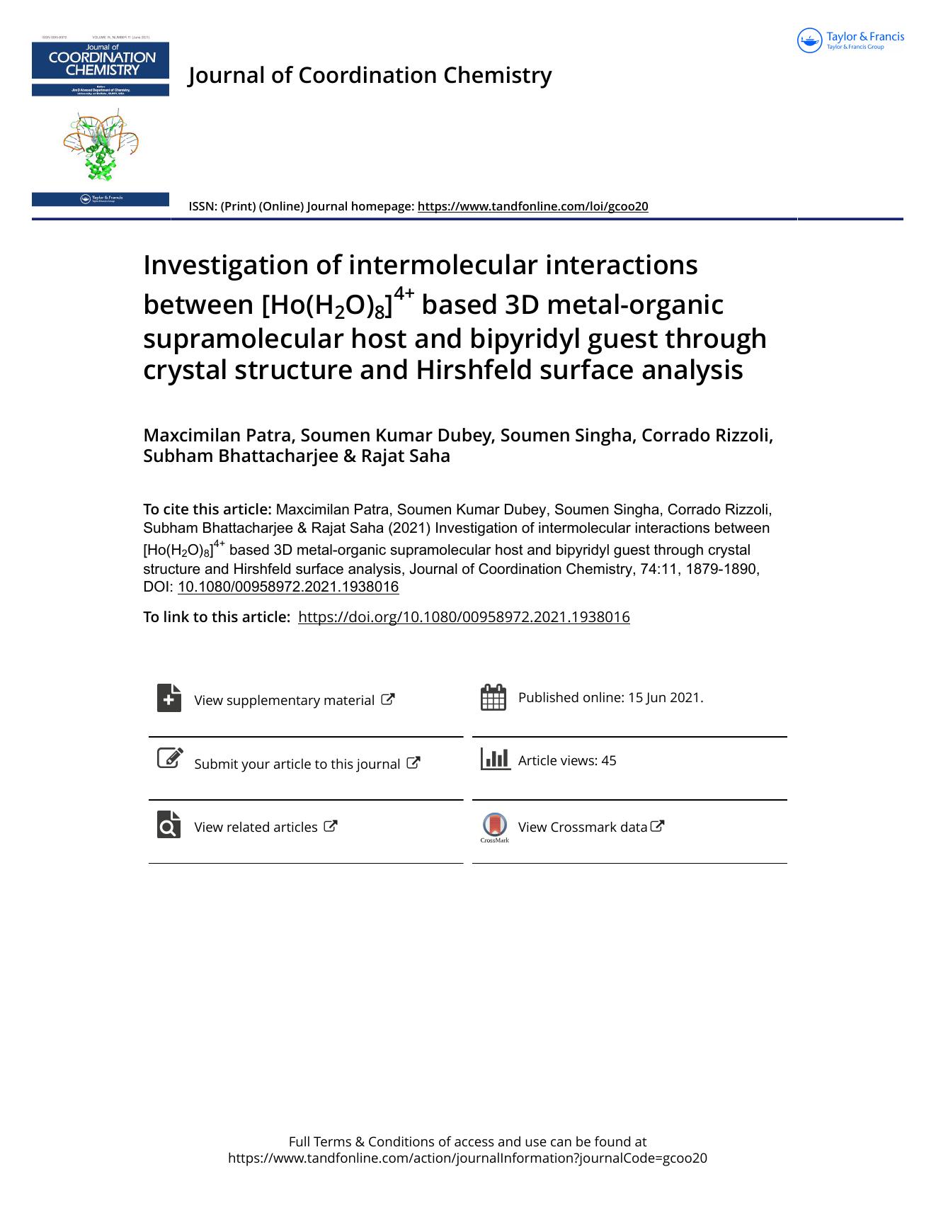 Investigation of intermolecular interactions between [Ho(H2O)8]4+ based 3D metal-organic supramolecular host and bipyridyl guest through crystal structure and Hirshfeld surface analysis by unknow