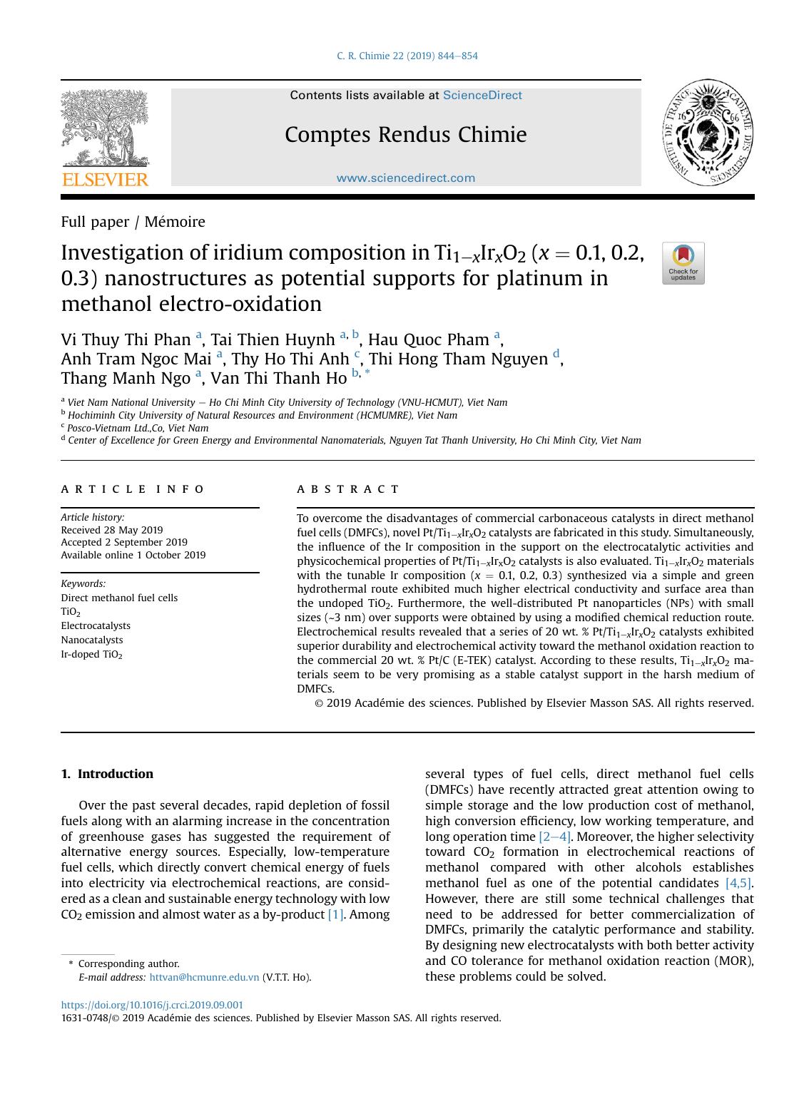 Investigation of iridium composition in Ti1-xIrxO2 (x = 0.1, 0.2, 0.3) nanostructures as potential supports for platinum in methanol electro-oxidation by unknow