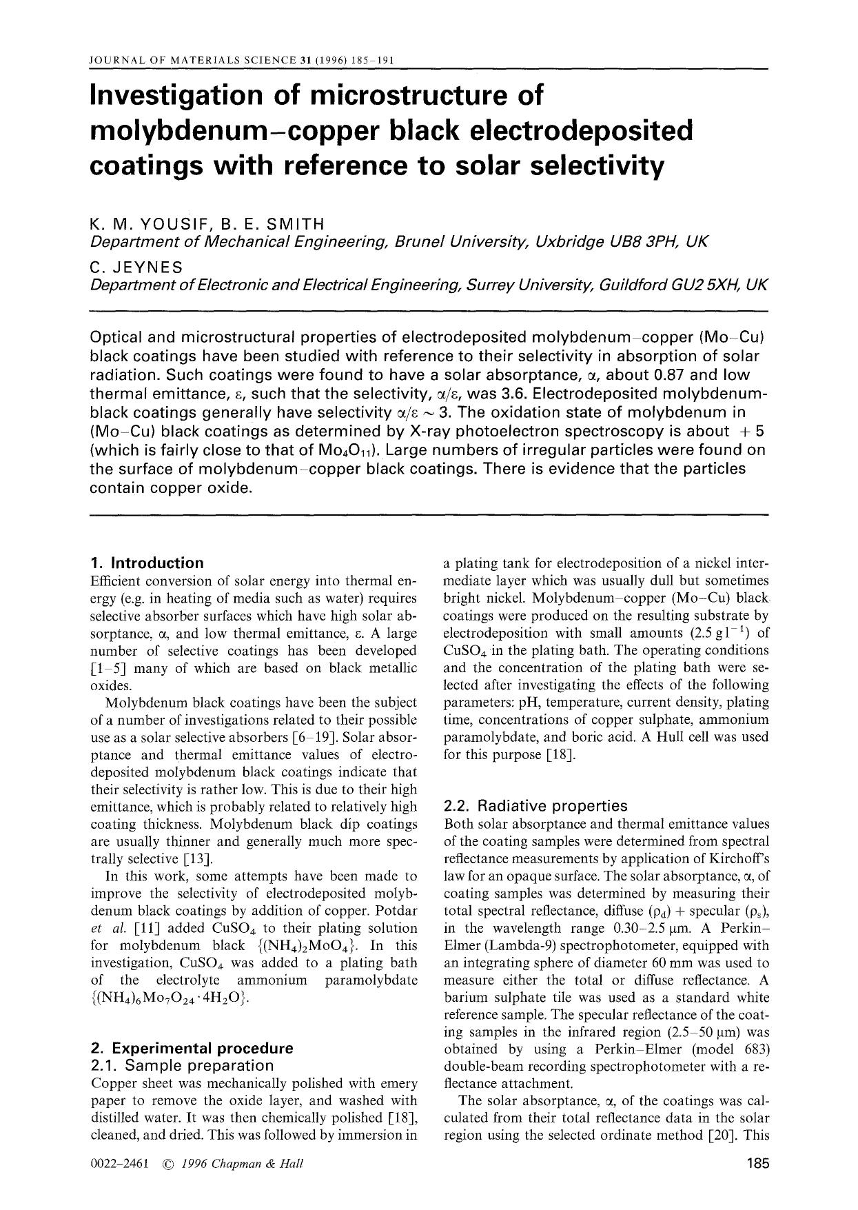 Investigation of microstructure of molybdenum—copper black electrodeposited coatings with reference to solar selectivity by Unknown