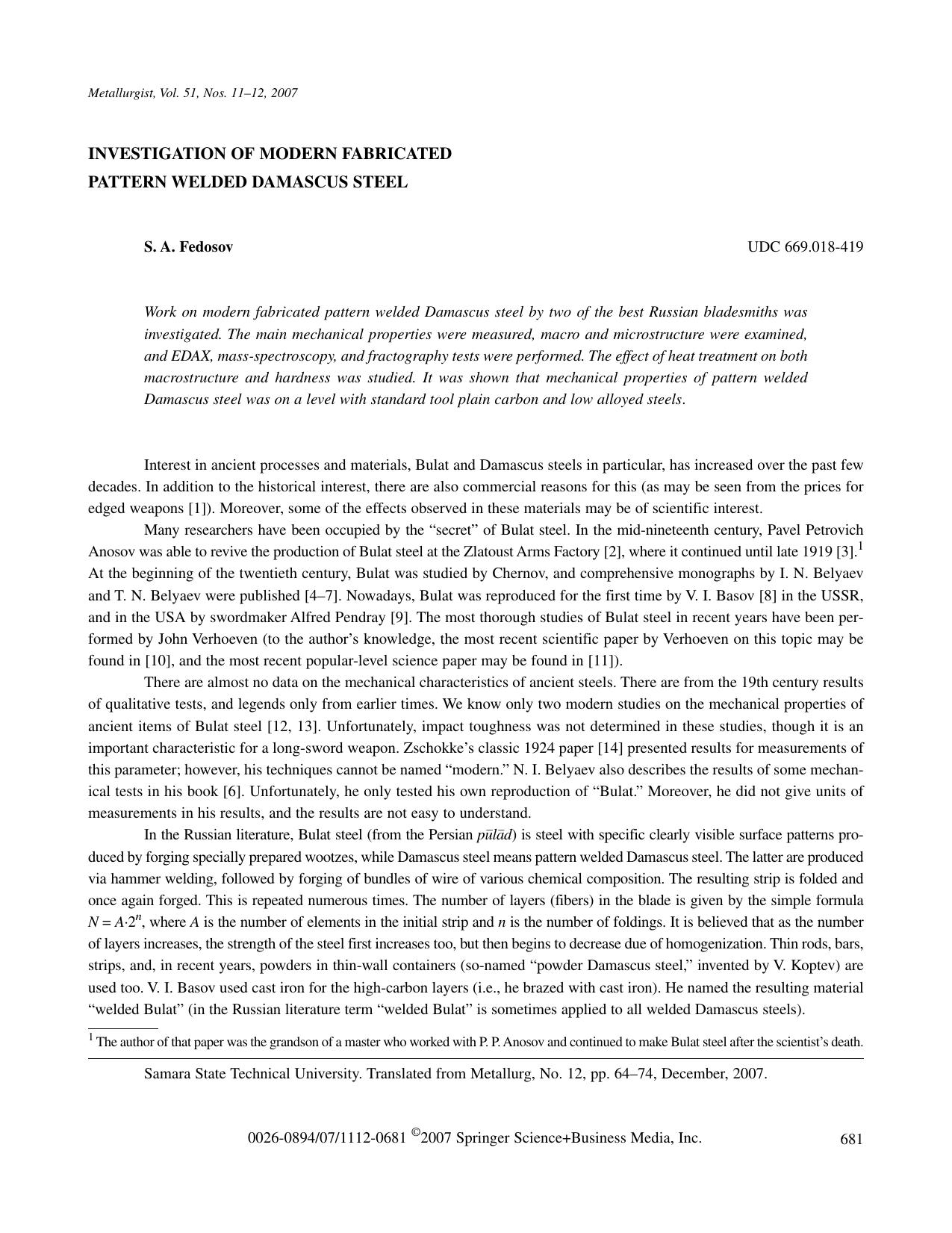 Investigation of modern fabricated pattern welded Damascus steel by Unknown