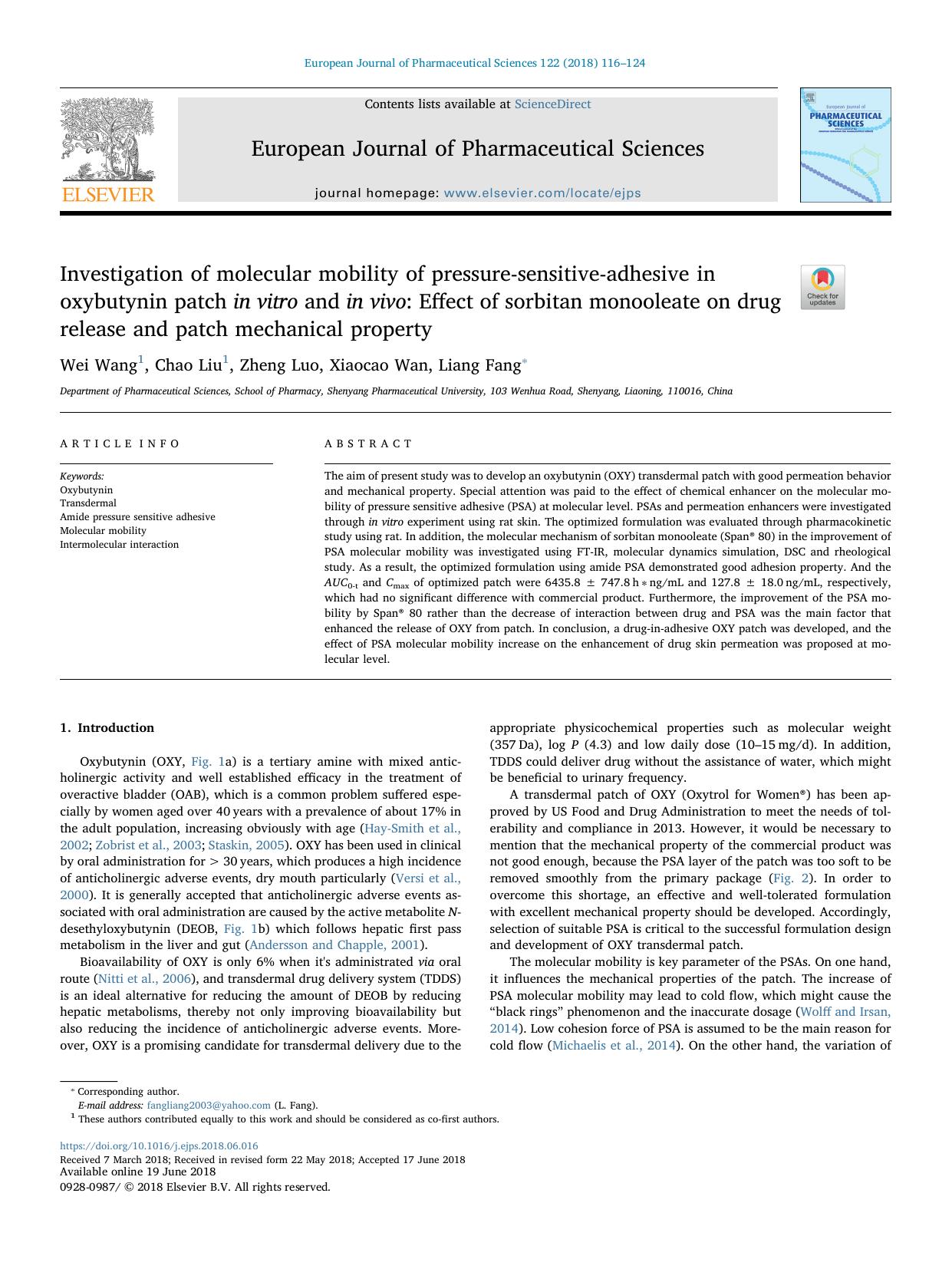 Investigation of molecular mobility of pressure-sensitive-adhesive in oxybutynin patch in vitro and in vivo_ Effect of sorbitan monooleate on drug release and patch mechanical property by Wei Wang & Chao Liu & Zheng Luo & Xiaocao Wan & Liang Fang