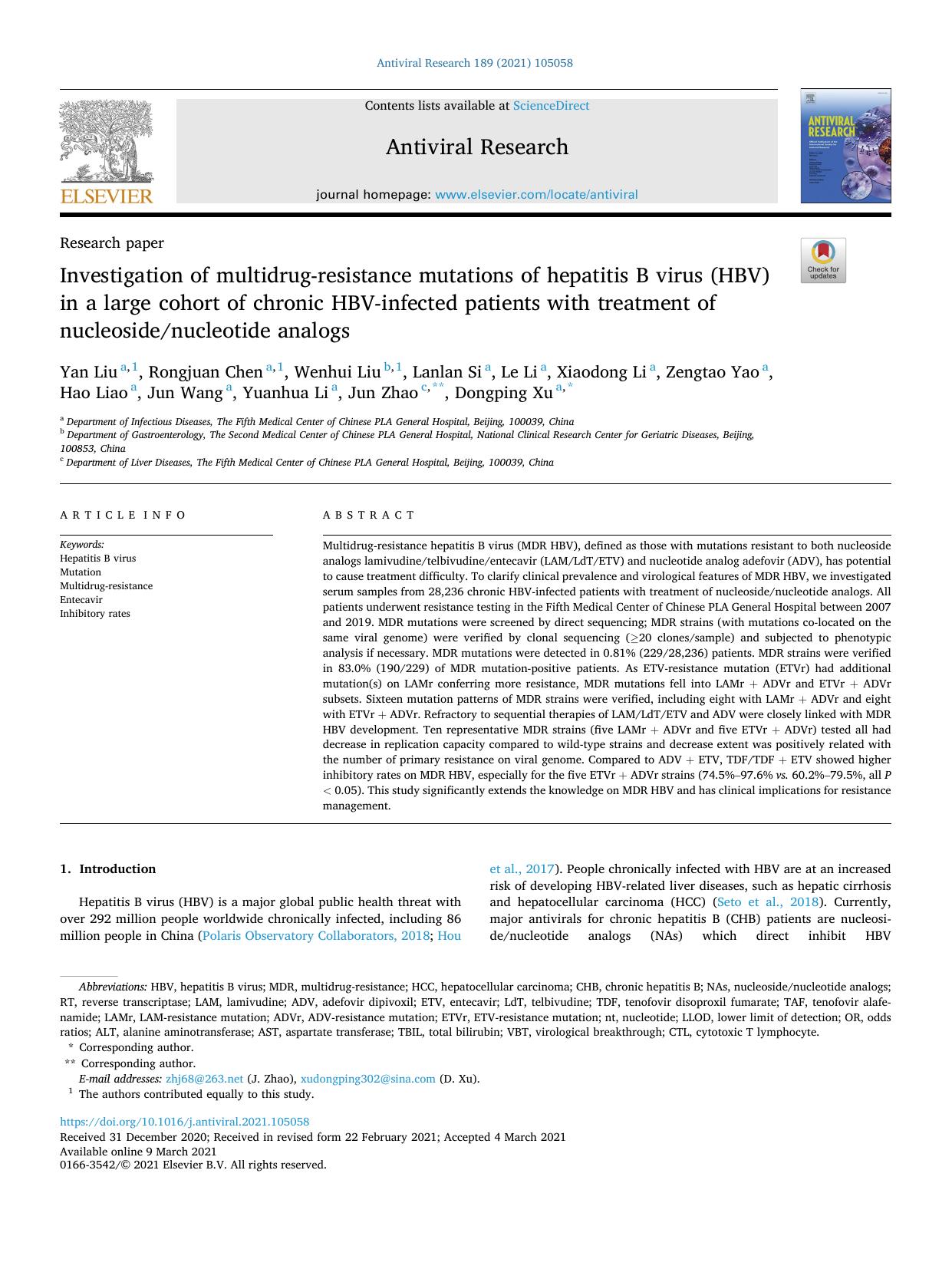 Investigation of multidrug-resistance mutations of hepatitis B virus (HBV) in a large cohort of chronic HBV-infected patients with treatment of nucleosidenucleotide analogs by Yan Liu