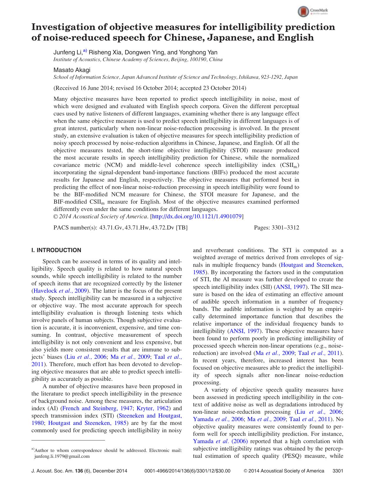 Investigation of objective measures for intelligibility prediction of noise-reduced speech for Chinese, Japanese, and English by Junfeng Li & Risheng Xia & Dongwen Ying & Yonghong Yan & Masato Akagi