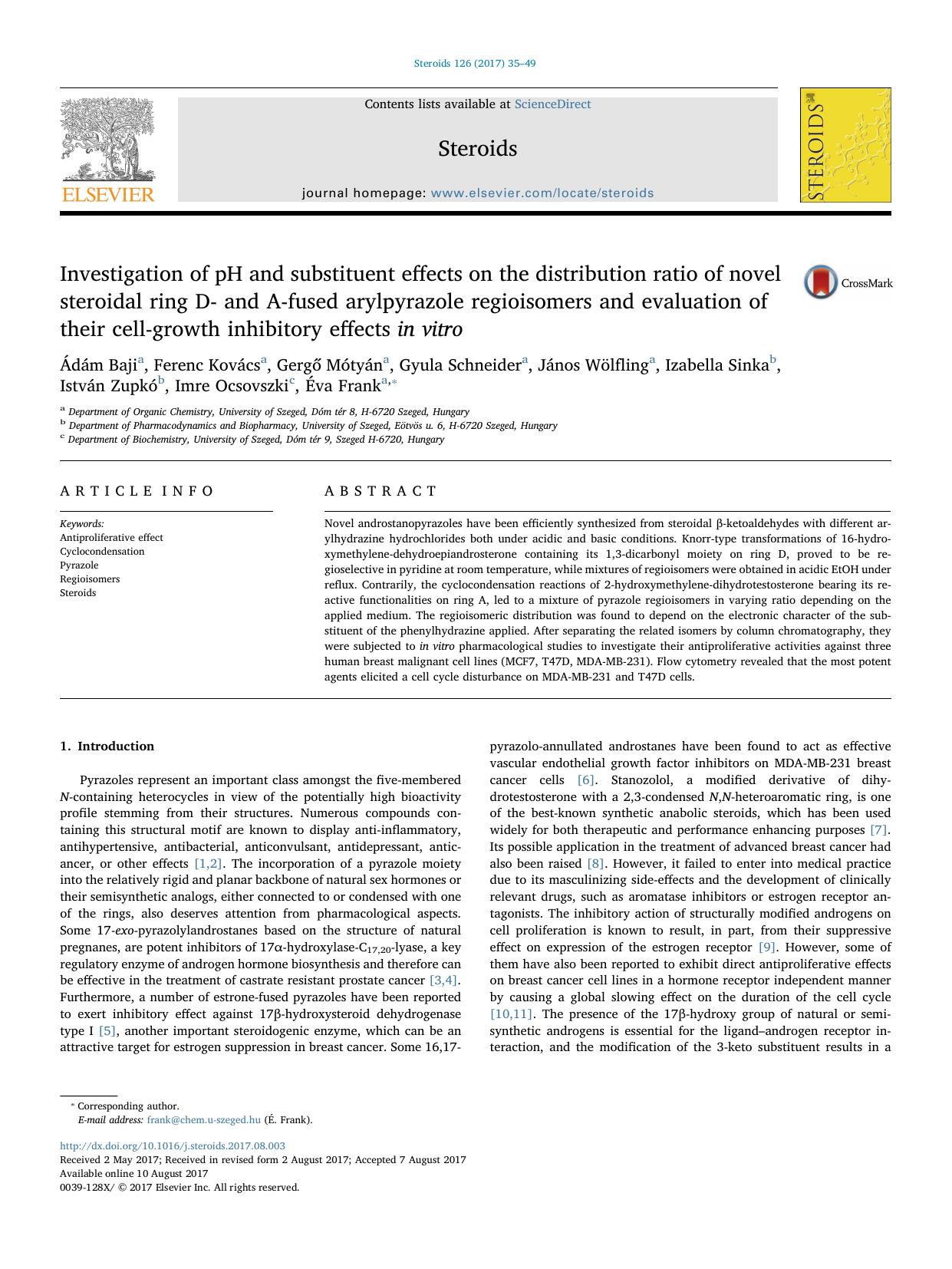 Investigation of pH and substituent effects on the distribution ratio of novel steroidal ring D- and A-fused arylpyrazole regioisomers and evaluation of their cell-growth inhibitory effects in vitro by unknow