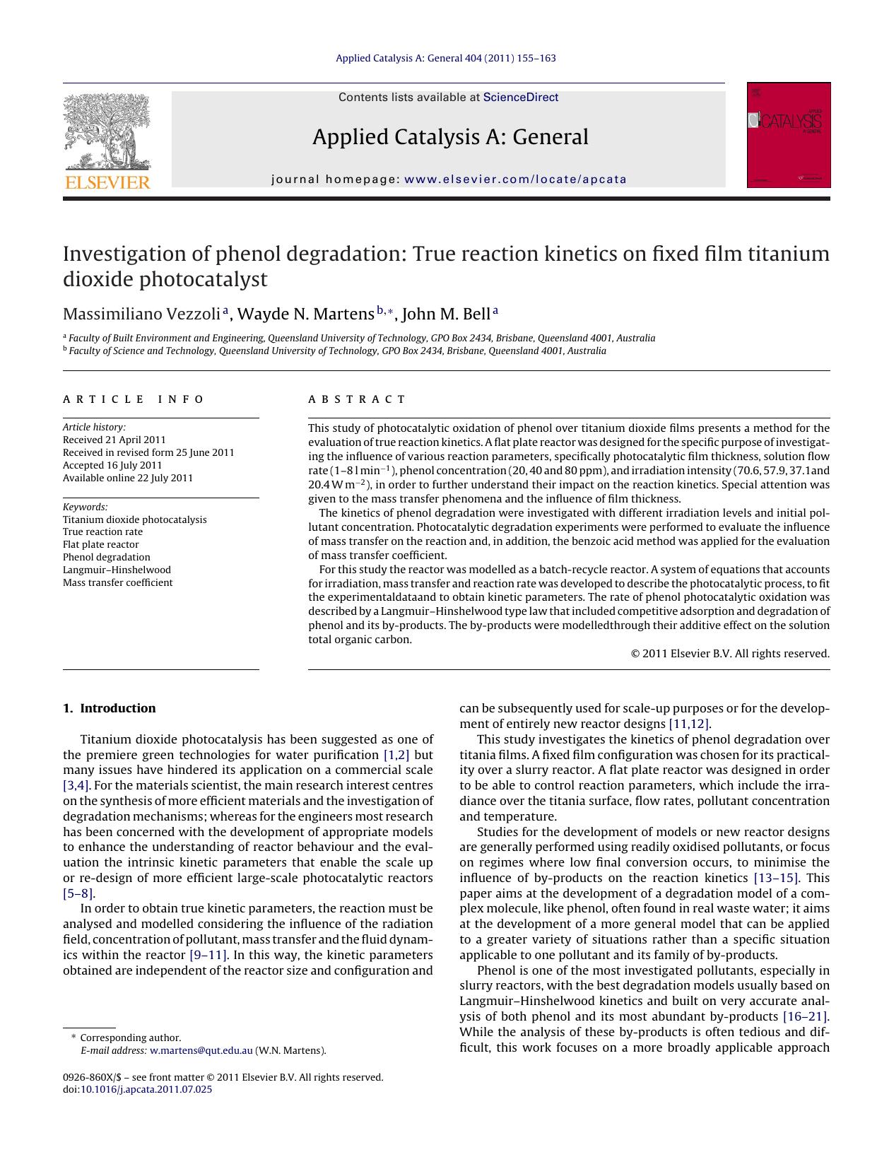 Investigation of phenol degradation: True reaction kinetics on fixed film titanium dioxide photocatalyst by Massimiliano Vezzoli
