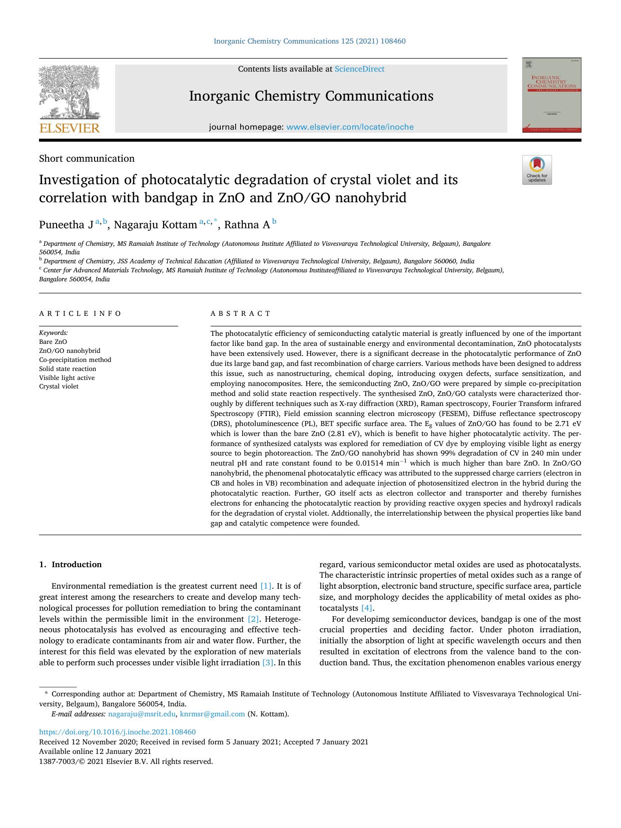 Investigation of photocatalytic degradation of crystal violet and its correlation with bandgap in ZnO and ZnOGO nanohybrid by Puneetha J