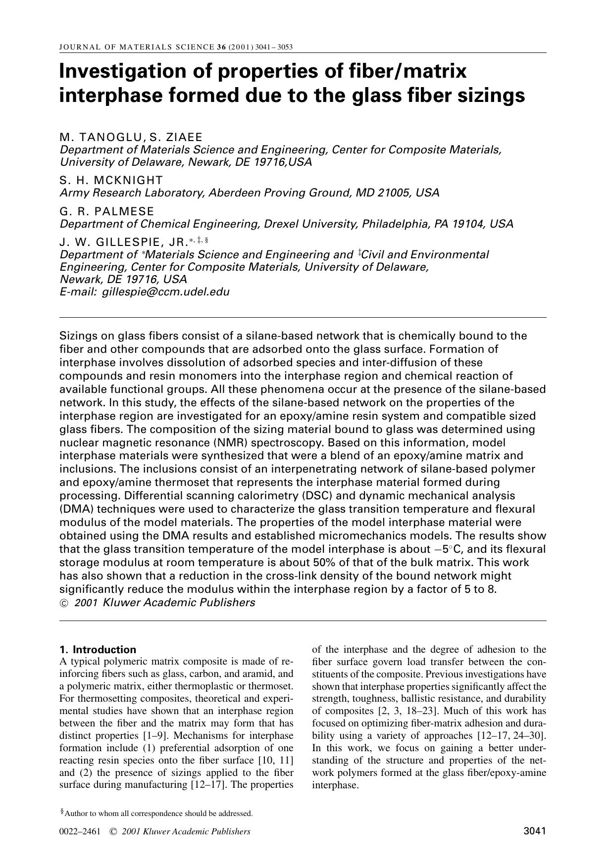 Investigation of properties of fibermatrix interphase formed due to the glass fiber sizings by Unknown