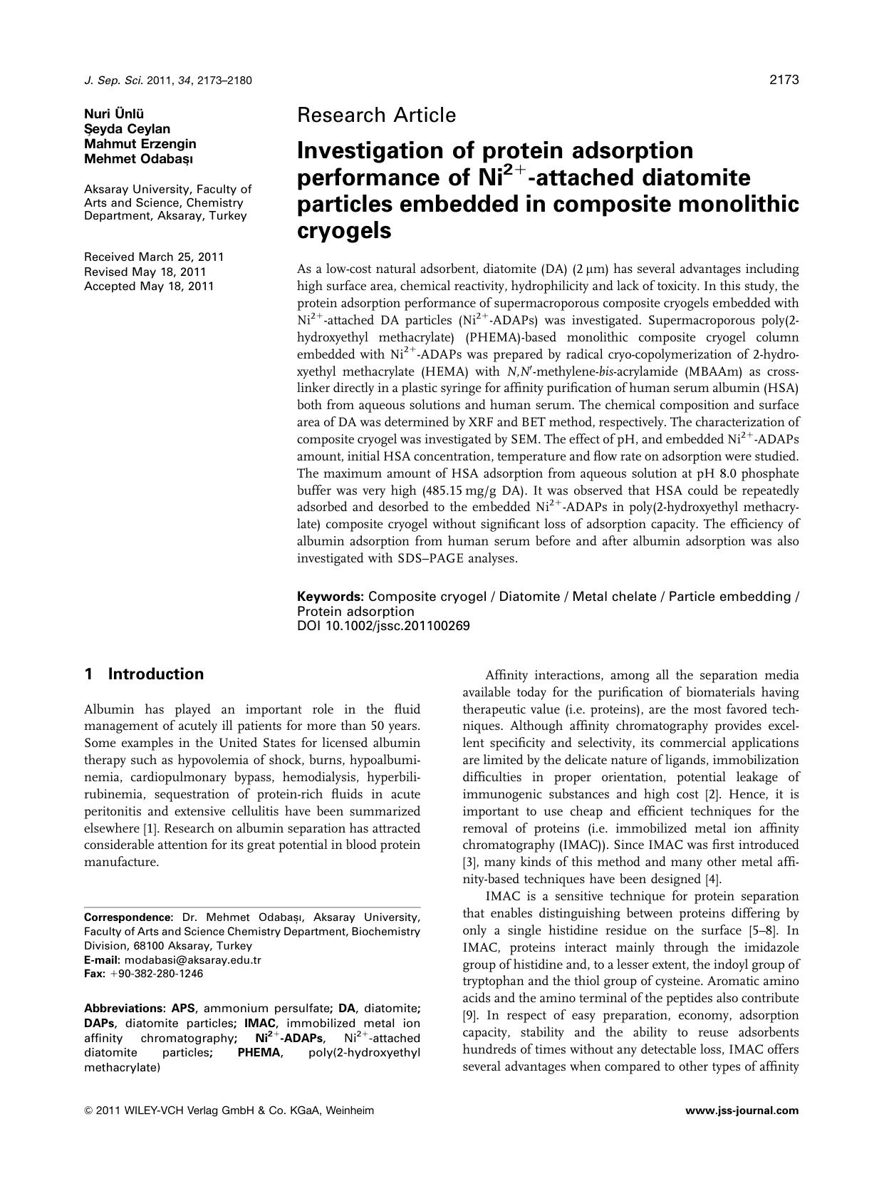Investigation of protein adsorption performance of Ni2+attached diatomite particles embedded in composite monolithic cryogels by Unknown