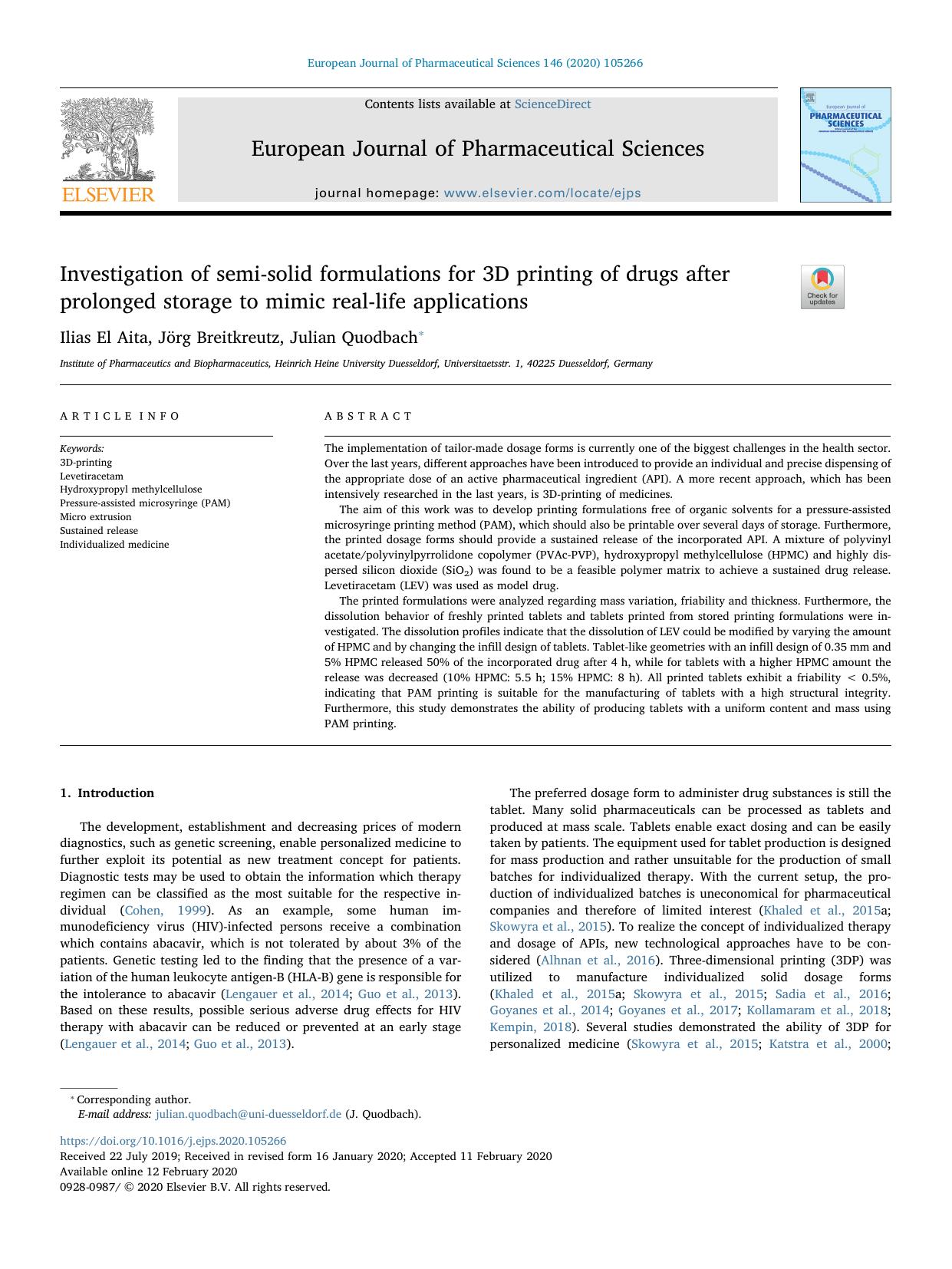Investigation of semi-solid formulations for 3D printing of drugs after prolonged storage to mimic real-life applications by Ilias El Aita & Jörg Breitkreutz & Julian Quodbach