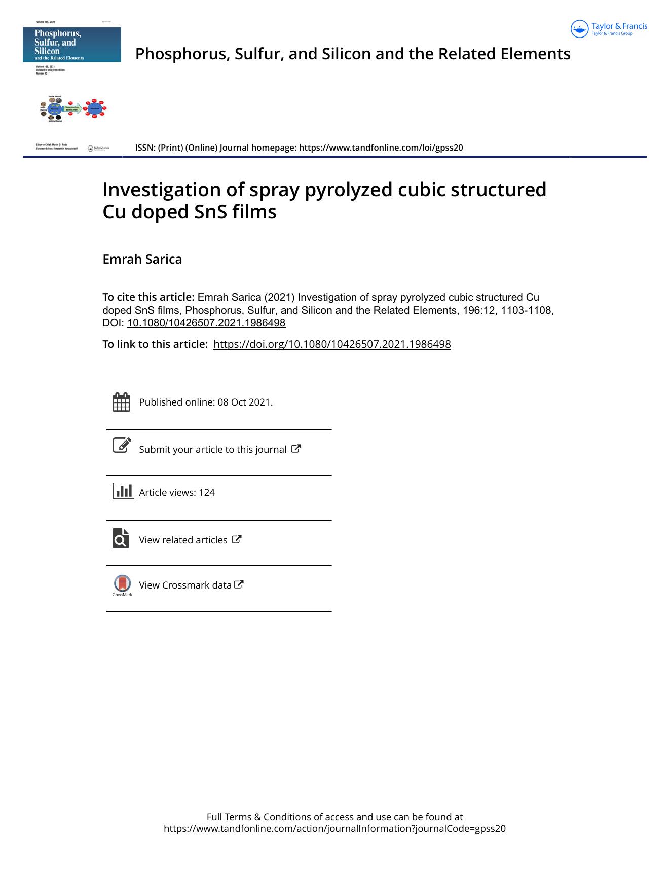 Investigation of spray pyrolyzed cubic structured Cu doped SnS films by Sarica Emrah