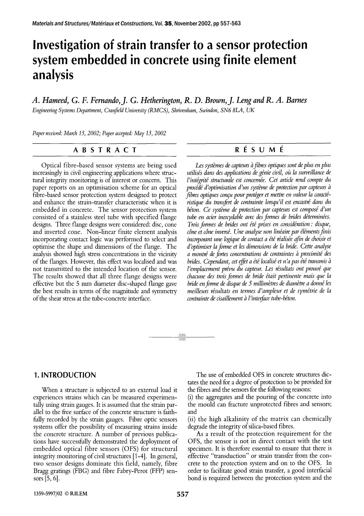 Investigation of strain transfer to a sensor protection system embedded in concrete using finite element analysis by Unknown