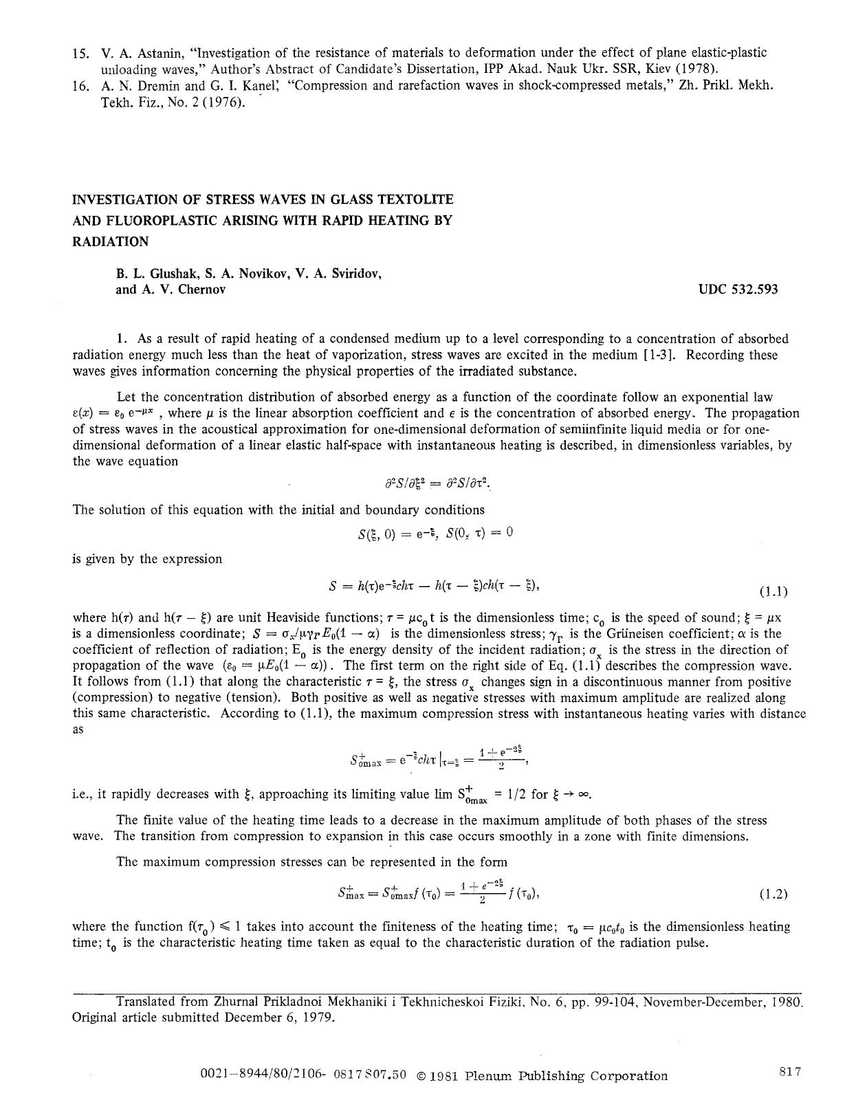 Investigation of stress waves in glass textolite and fluoroplastic arising with rapid heating by radiation by Unknown