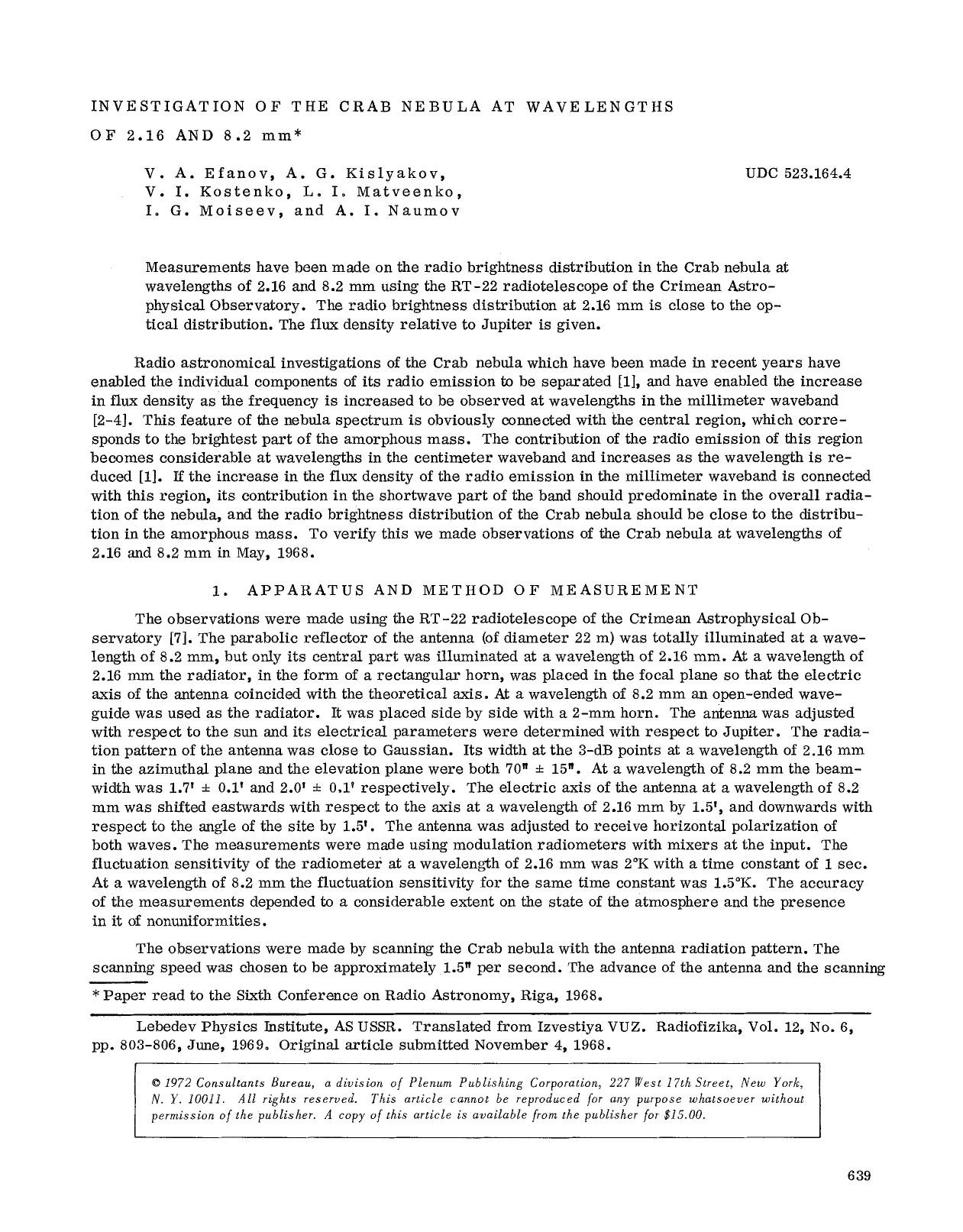 Investigation of the Crab nebula at wavelengths of 2.16 and 8.2 mm by Unknown
