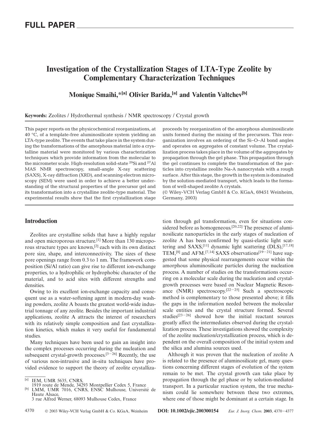 Investigation of the Crystallization Stages of LTA-Type Zeolite by Complementary Characterization Techniques by Unknown