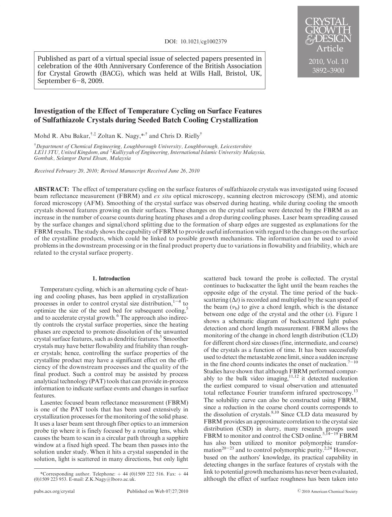 Investigation of the Effect of Temperature Cycling on Surface Features of Sulfathiazole Crystals during Seeded Batch Cooling Crystallization by Unknown