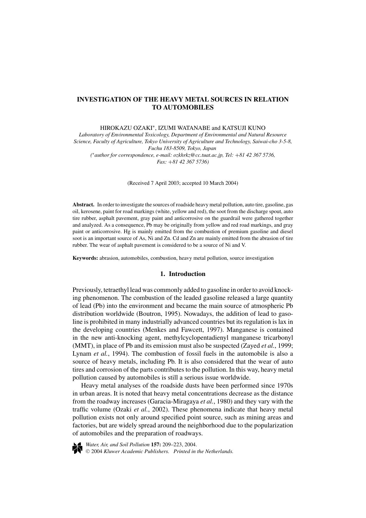 Investigation of the Heavy Metal Sources in Relation to Automobiles by Unknown