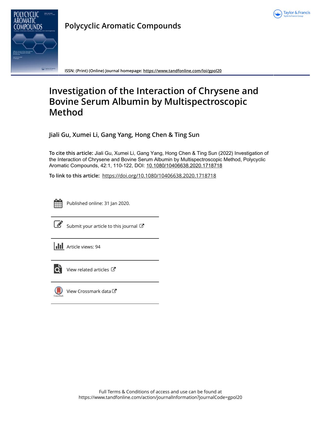 Investigation of the Interaction of Chrysene and Bovine Serum Albumin by Multispectroscopic Method by Gu Jiali & Li Xumei & Yang Gang & Chen Hong & Sun Ting