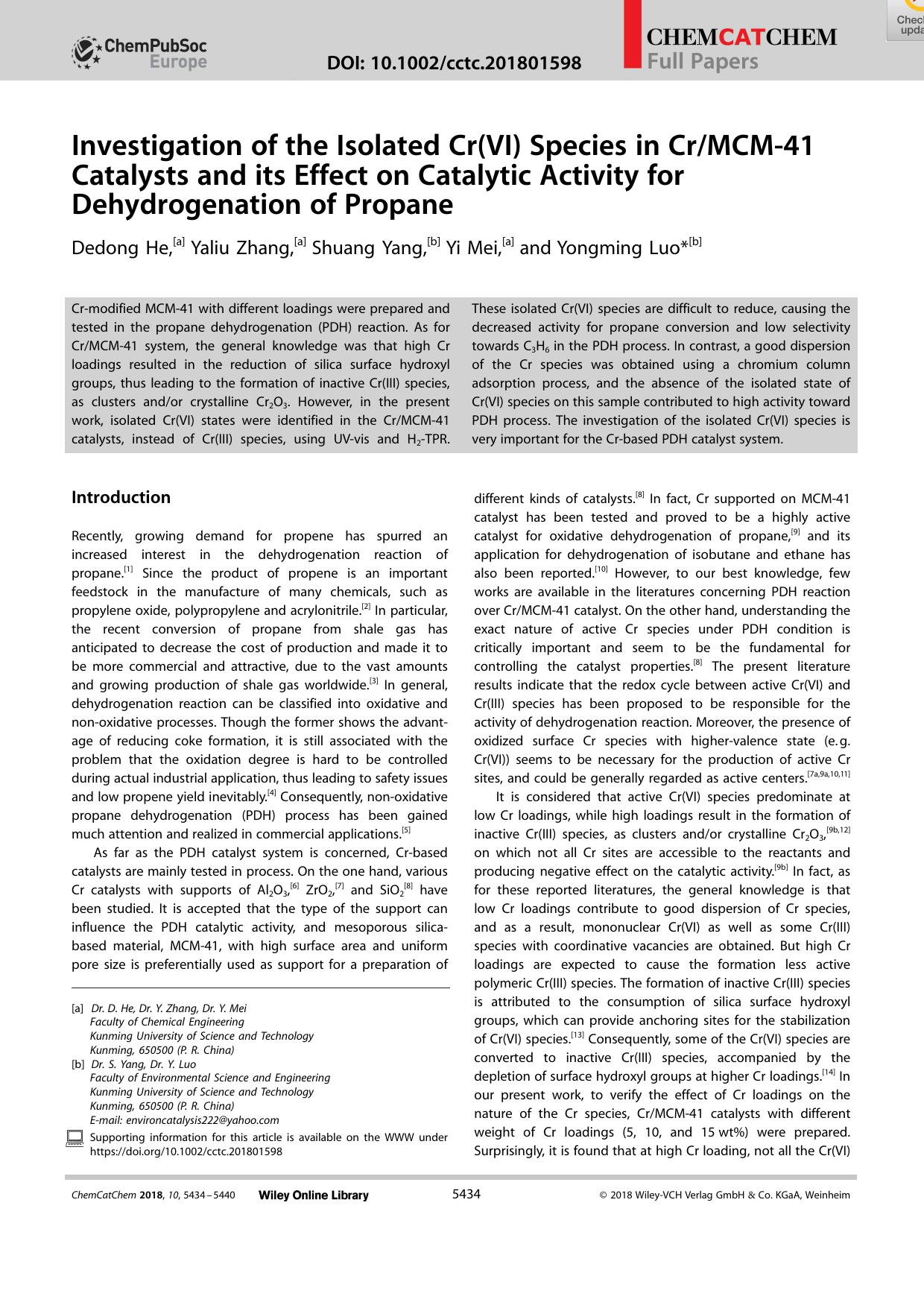 Investigation of the Isolated Cr(VI) Species in CrMCMâ41 Catalysts and its Effect on Catalytic Activity for Dehydrogenation of Propane by Unknown