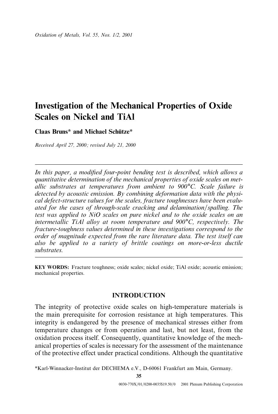 Investigation of the Mechanical Properties of Oxide Scales on Nickel and TiAl by Unknown