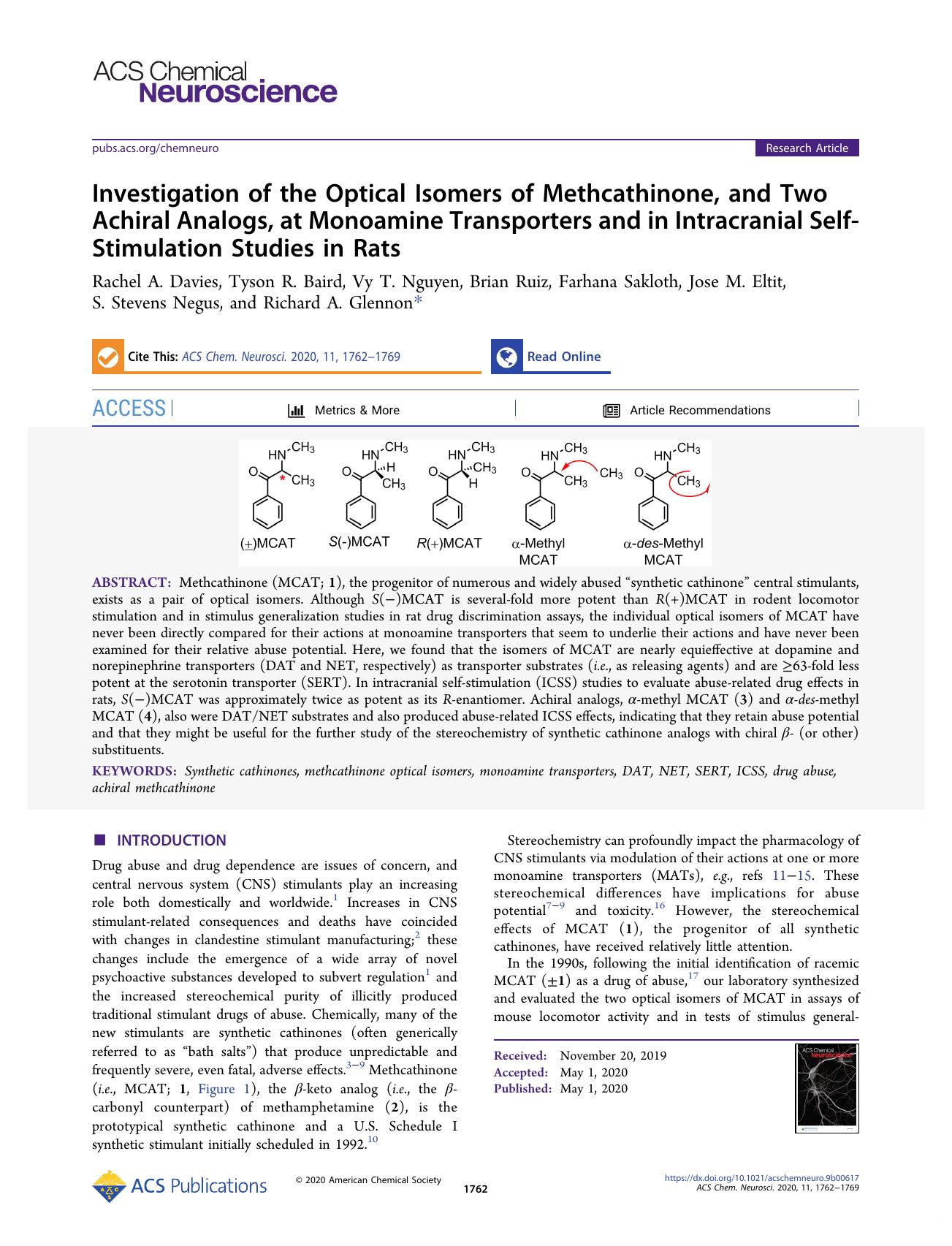 Investigation of the Optical Isomers of Methcathinone, and Two Achiral Analogs, at Monoamine Transporters and in Intracranial Self-Stimulation Studies in Rats by unknow