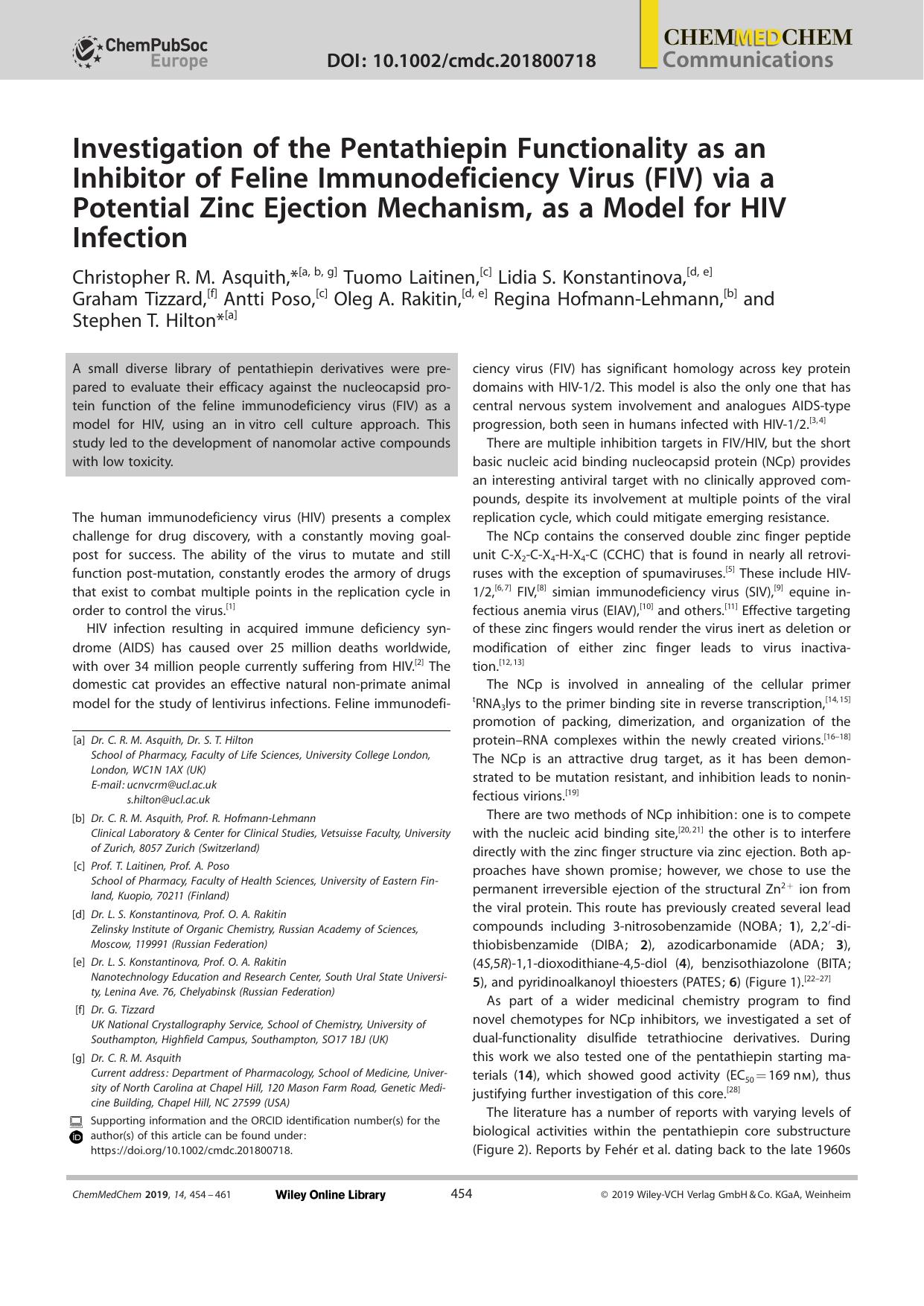 Investigation of the Pentathiepin Functionality as an Inhibitor of Feline Immunodeficiency Virus (FIV) via a Potential Zinc Ejection Mechanism, as a Model for HIV Infection by Unknown