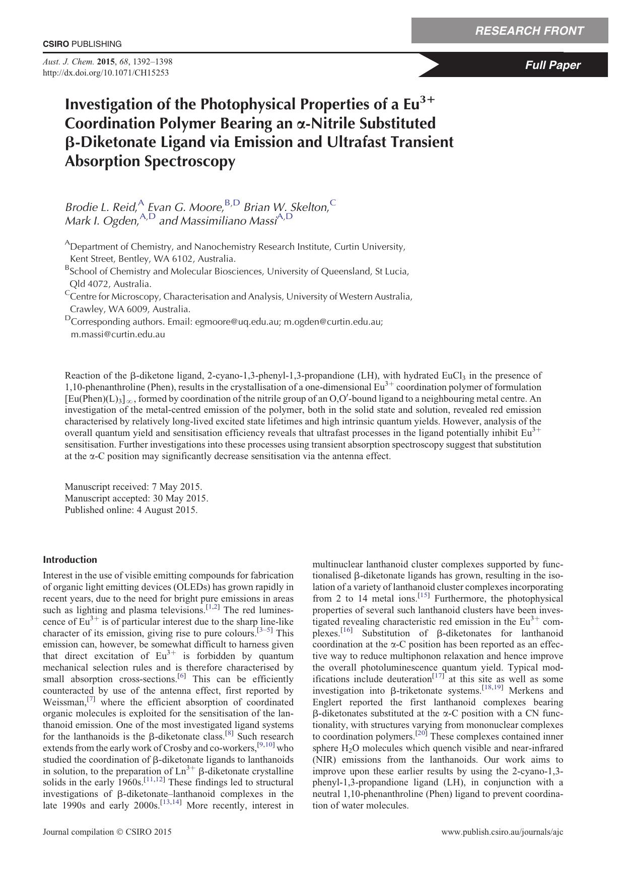Investigation of the Photophysical Properties of a Eu3+ Coordination Polymer Bearing an alpha-Nitrile Substituted beta-Diketonate Ligand via Emission and Ultrafast Transient Absorption Spectroscopy by B. L. Reid et al