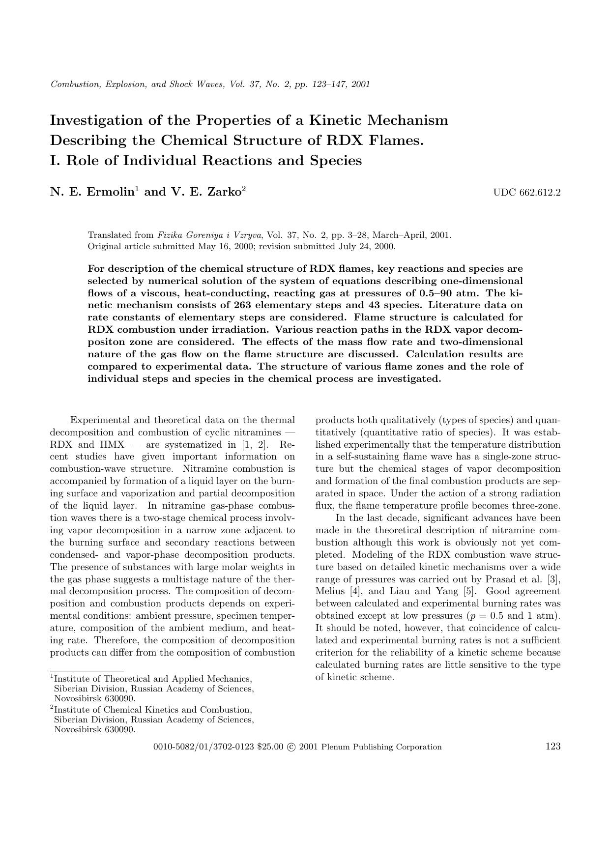 Investigation of the Properties of a Kinetic Mechanism Describing the Chemical Structure of RDX Flames. I. Role of Individual Reactions and Species by Unknown
