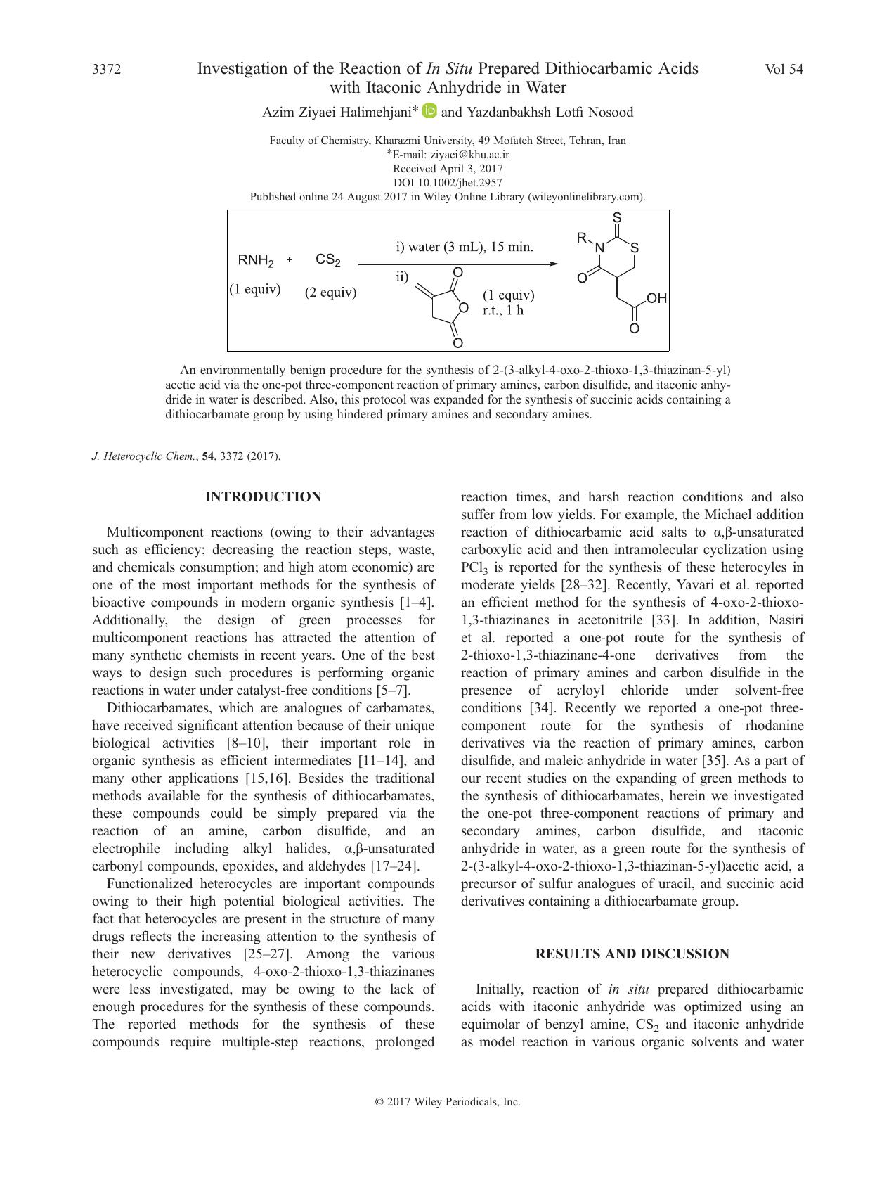 Investigation of the Reaction of In Situ Prepared Dithiocarbamic Acids with Itaconic Anhydride in Water by Azim Ziyaei Halimehjani & Yazdanbakhsh Lotfi Nosood