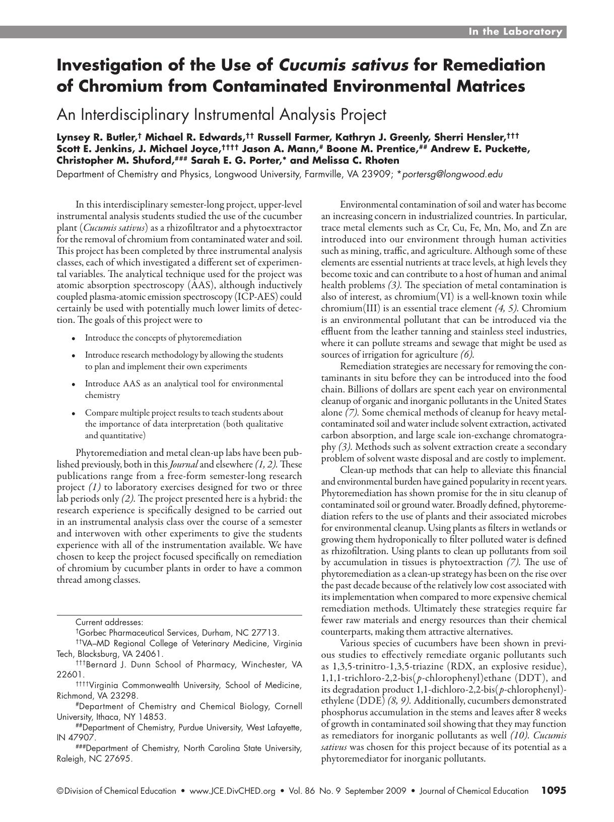 Investigation of the Use of Cucumis sativus for Remediation of Chromium from Contaminated Environmental Matrices. An Interdisciplinary Instrumental Analysis Project by unknow