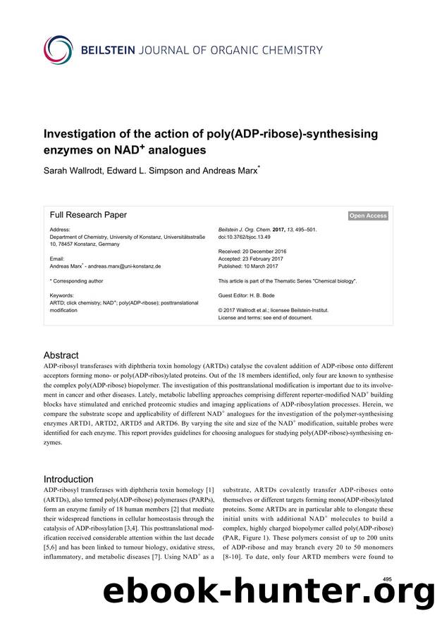 Investigation of the action of poly(ADP-ribose)-synthesising enzymes on NAD+ analogues by Sarah Wallrodt Edward L. Simpson Andreas Marx