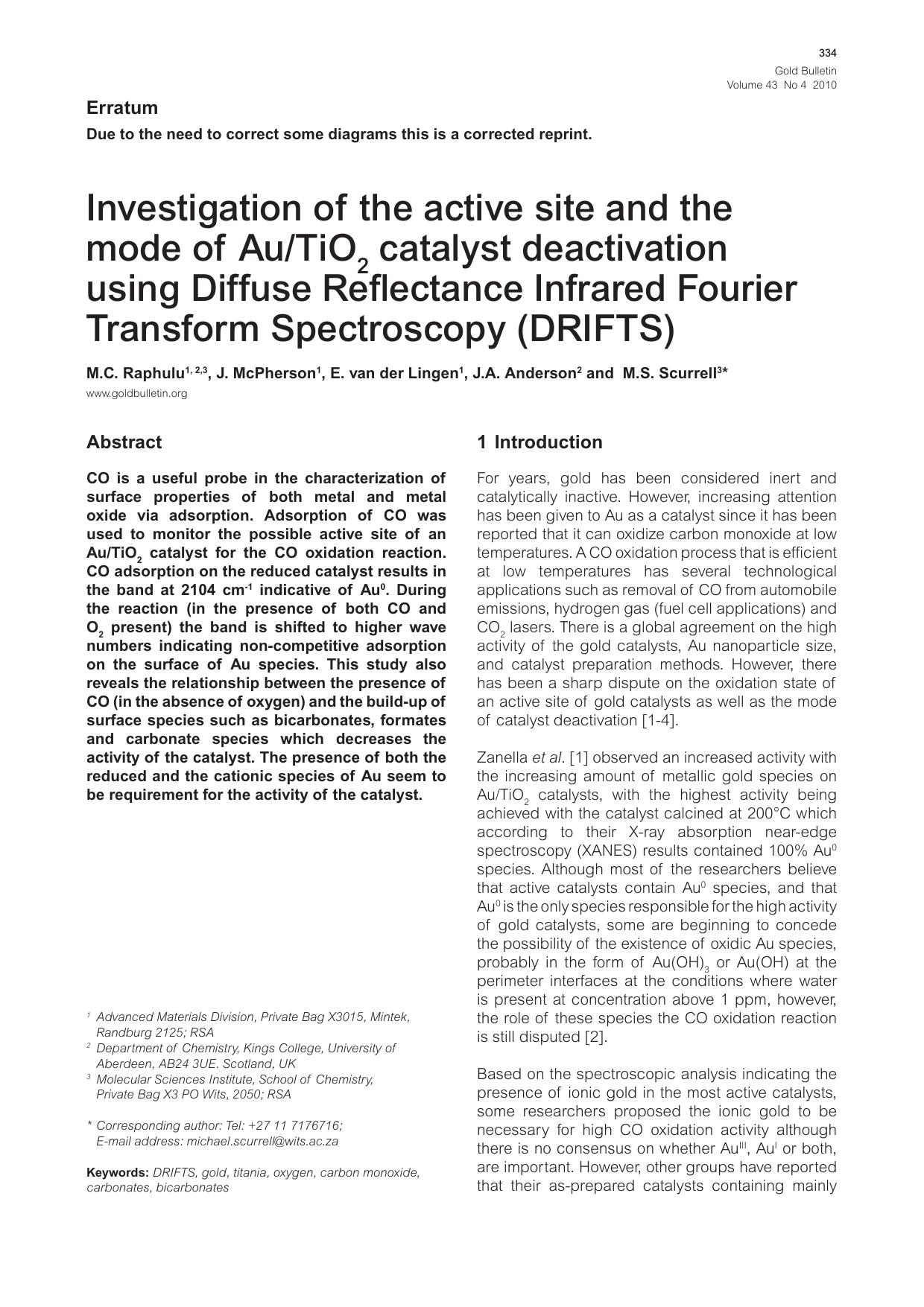 Investigation of the active site and the mode of AuTiO <Subscript>2 <Subscript> catalyst deactivation using Diffuse Reflectance Infrared Fourier Transform Spectroscopy (DRIFTS) by Unknown