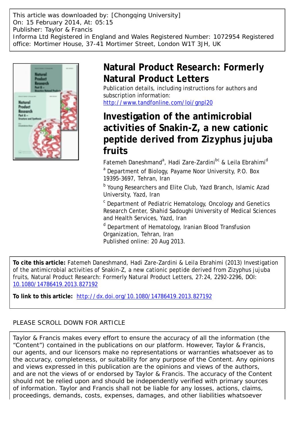 Investigation of the antimicrobial activities of Snakin-Z, a new cationic peptide derived from Zizyphus jujuba fruits by Fatemeh Daneshmand & Hadi Zare-Zardini & Leila Ebrahimi