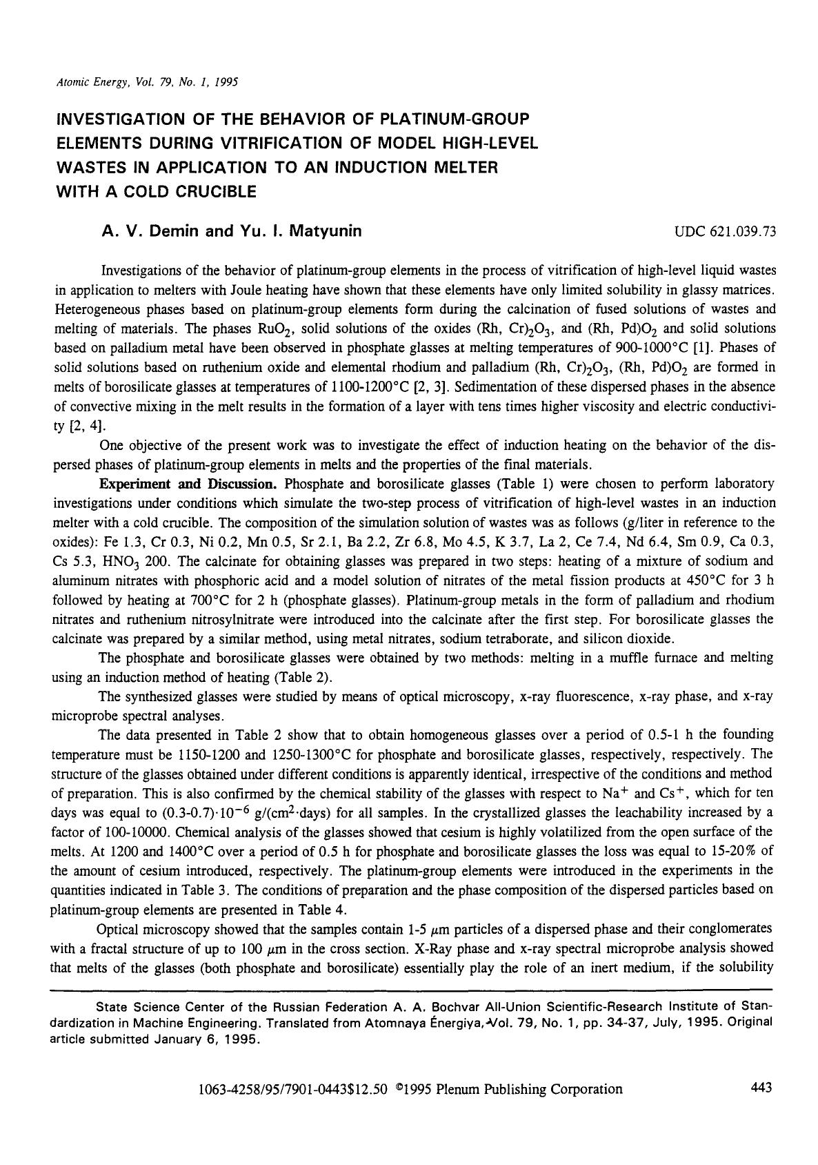 Investigation of the behavior of platinum-group elements during vitrification of model high-level wastes in application to an induction melter with a cold crucible by Unknown