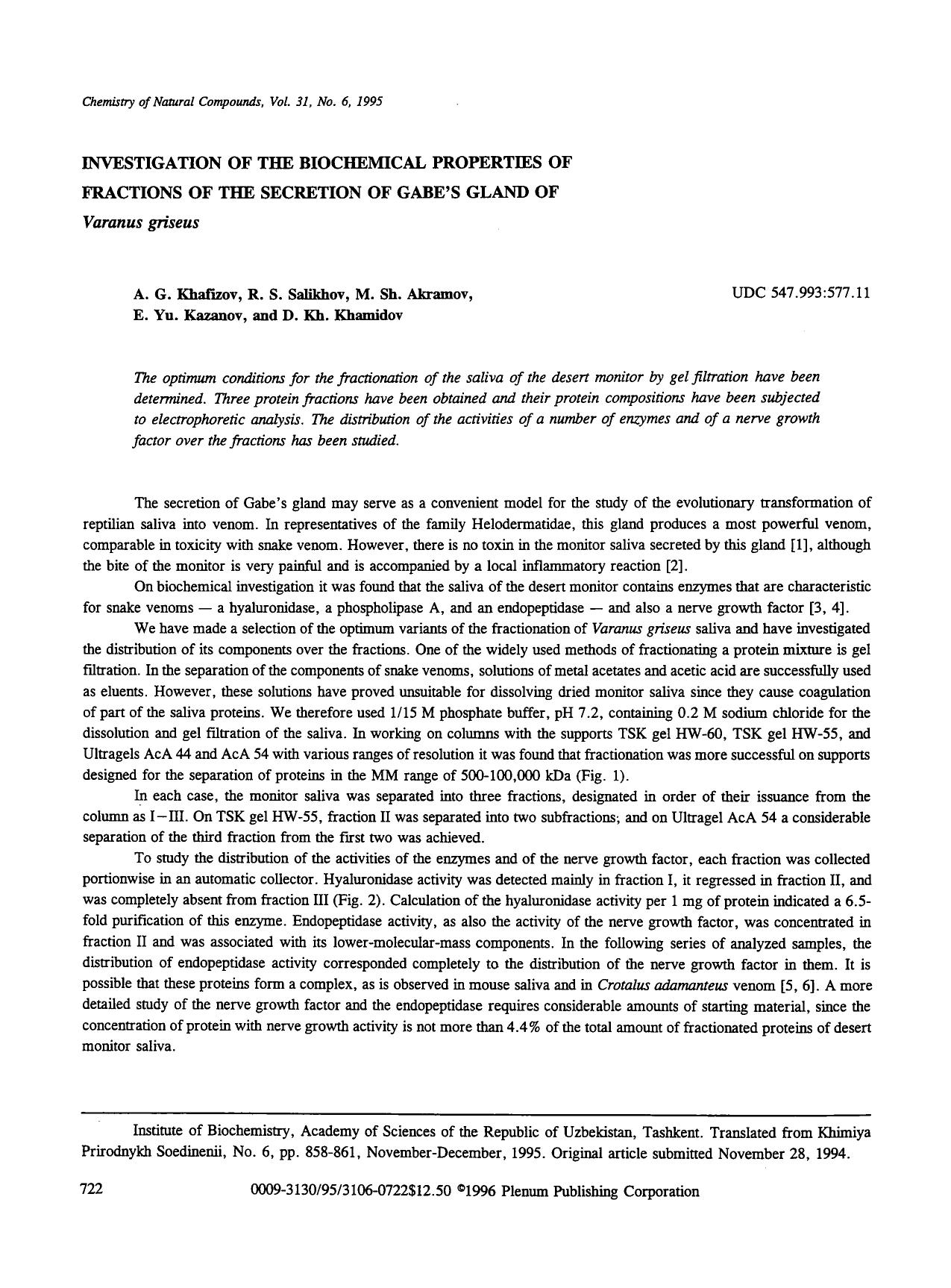 Investigation of the biochemical properties of fractions of the secretion of gabe's gland of <Emphasis Type="Italic">Varanus griseus <Emphasis> by Unknown
