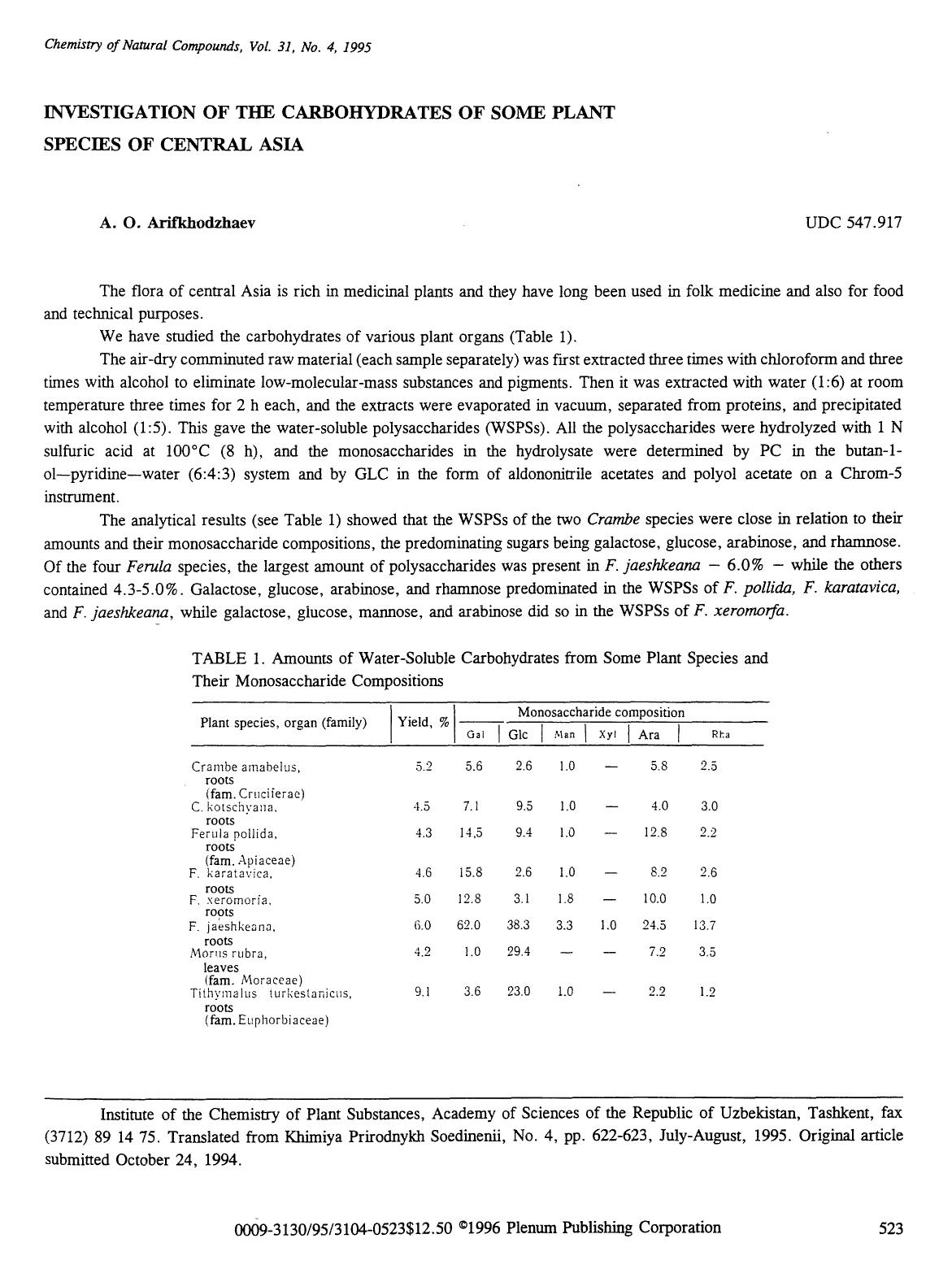 Investigation of the carbohydrates of some plant species of central Asia by Unknown