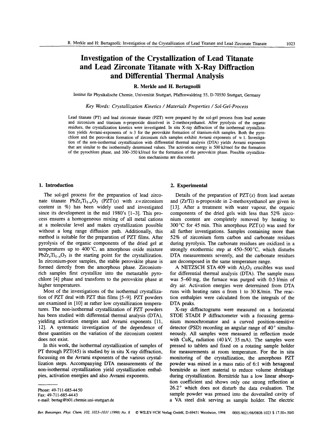 Investigation of the crystallization of lead titanate and lead zirconate titanate with X-ray diffraction and differential thermal analysis by Unknown