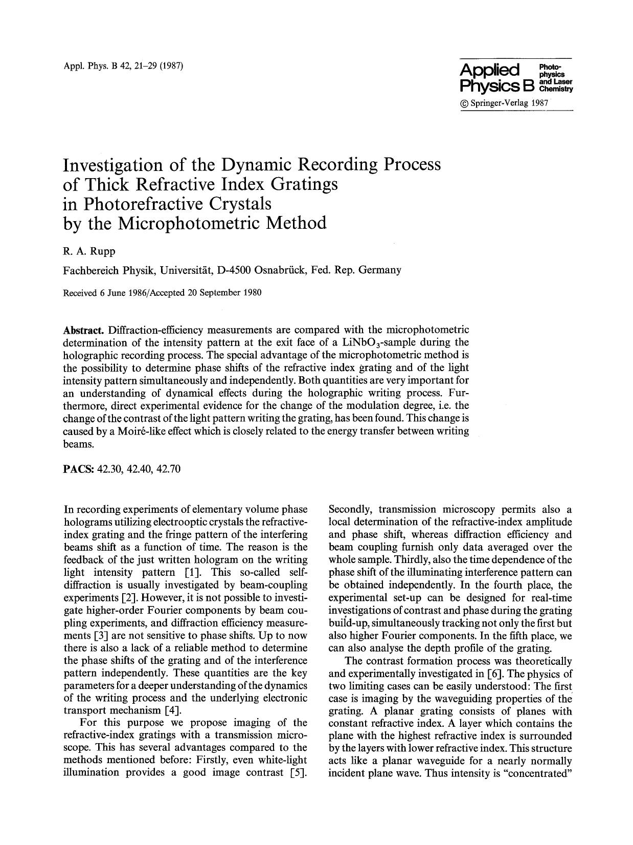 Investigation of the dynamic recording process of thick refractive index gratings in photorefractive crystals by the microphotometric method by Unknown