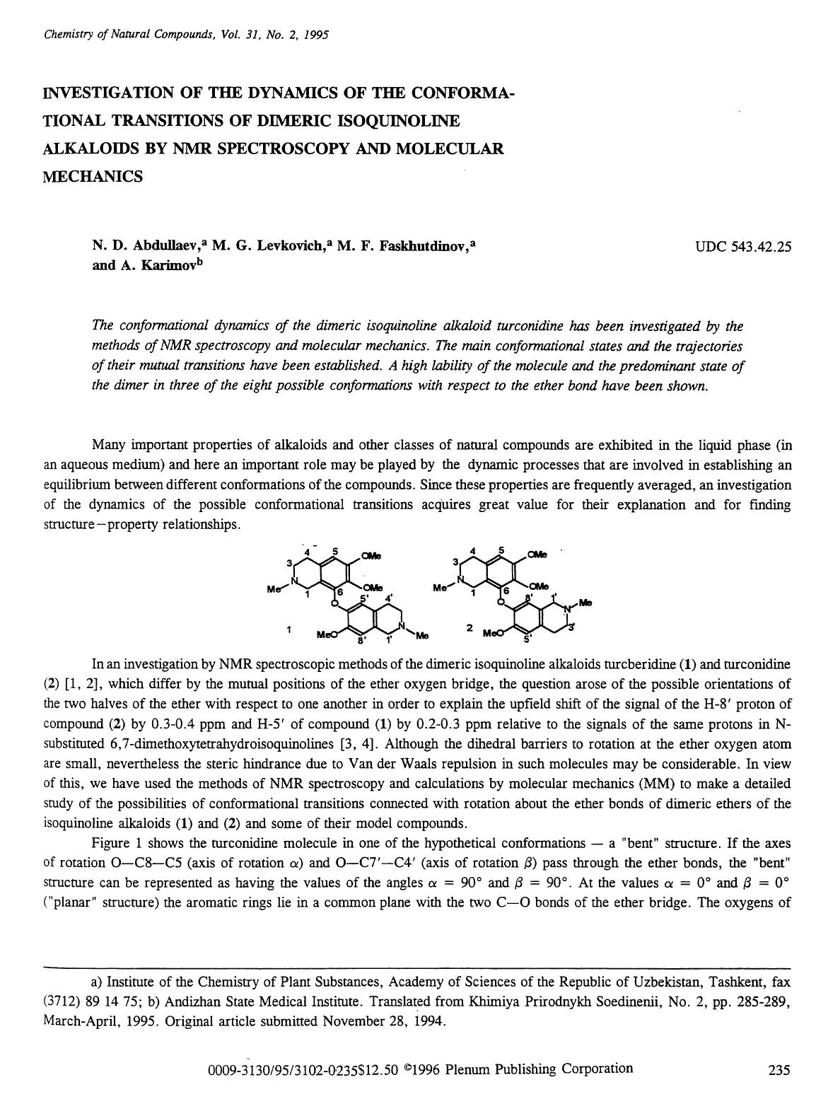 Investigation of the dynamics of the conformational transitions of dimeric isoquinoline alkaloids by nmr spectroscopy and molecular mechanics by Unknown