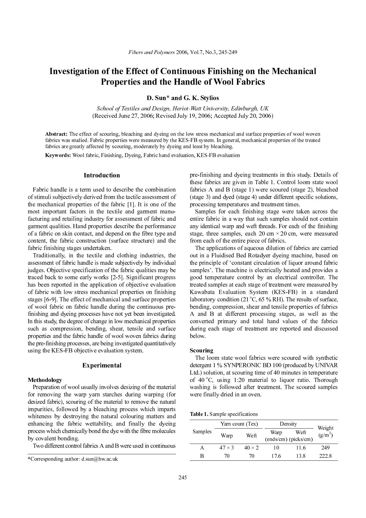 Investigation of the effect of continuous finishing on the mechanical properties and the handle of wool fabrics by Unknown