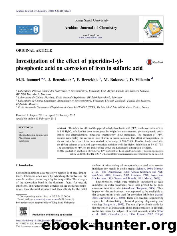 Investigation of the effect of piperidin-1-yl-phosphonic acid on corrosion of iron in sulfuric acid by M.R. laamari & J. Benzakour & F. Berrekhis & M. Bakasse & D. Villemin