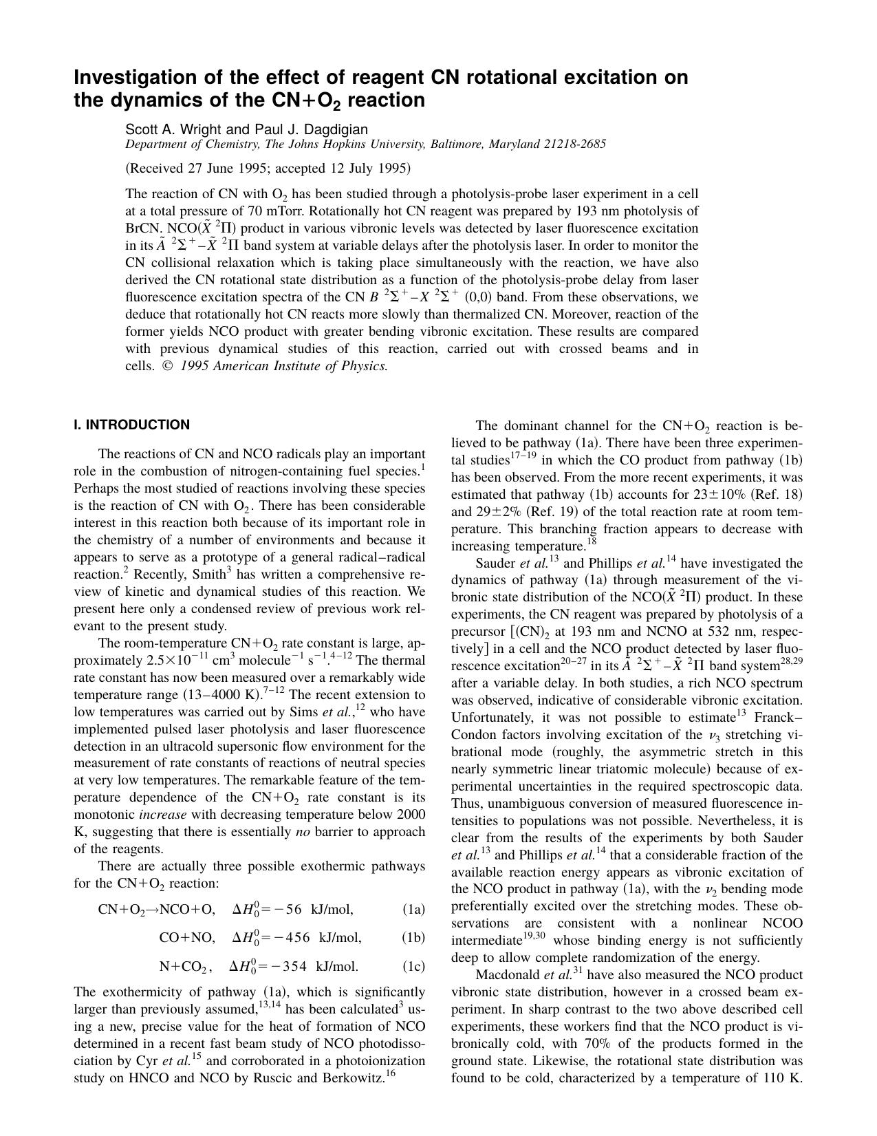 Investigation of the effect of reagent CN rotational excitation on the dynamics of the CN1O 2 reaction by Scott A. Wright and Paul J. Dagdigian