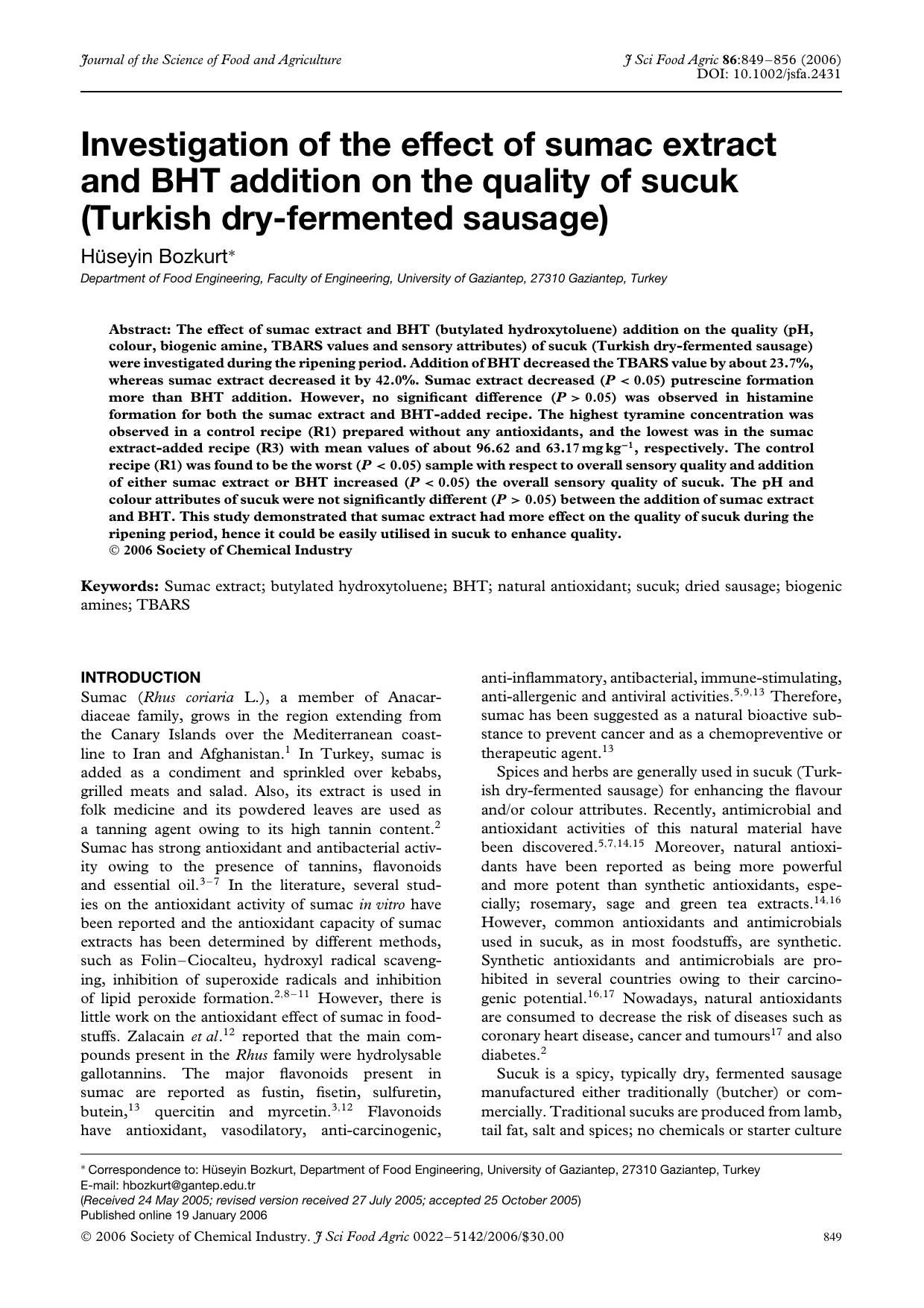 Investigation of the effect of sumac extract and BHT addition on the quality of sucuk (Turkish dry-fermented sausage) by Unknown
