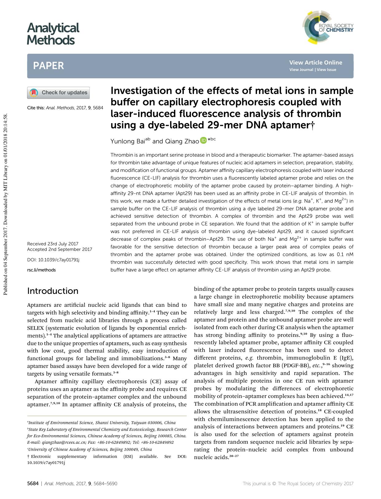 Investigation of the effects of metal ions in sample buffer on capillary electrophoresis coupled with laser-induced fluorescence analysis of thrombin using a dye-labeled 29-mer DNA aptamer by Yunlong Bai & Qiang Zhao
